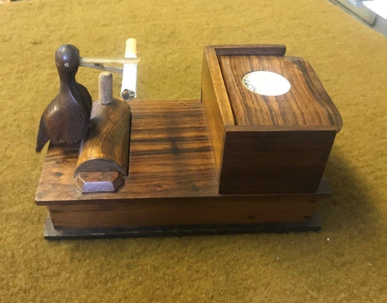 Vintage Pecking Bird Cigarette Dispenser Inlaid Rosewood Box