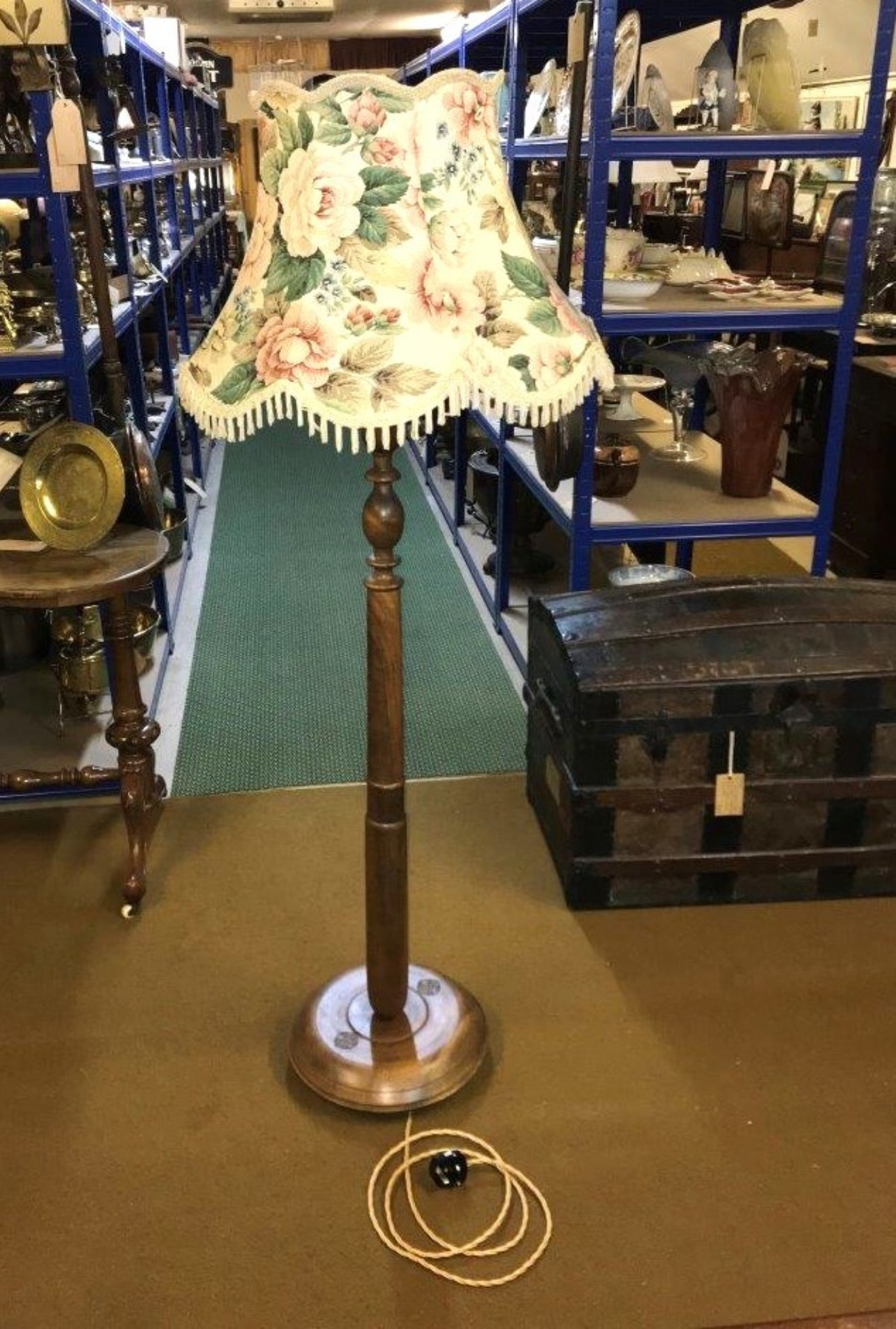 Vintage Acacia Wood Standard Lamp Turned and Carved Column / Base and Floral Shade