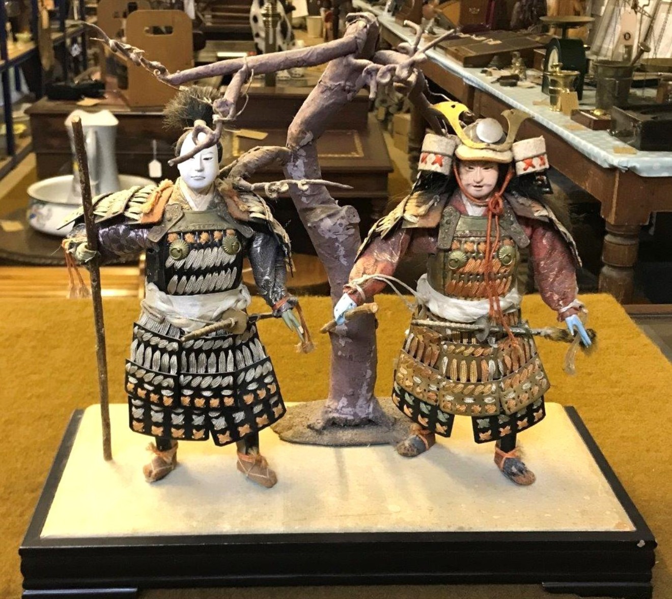 Antique Japanese Musha Ningyo Samurai Warriors in Original Signed Wooden Box