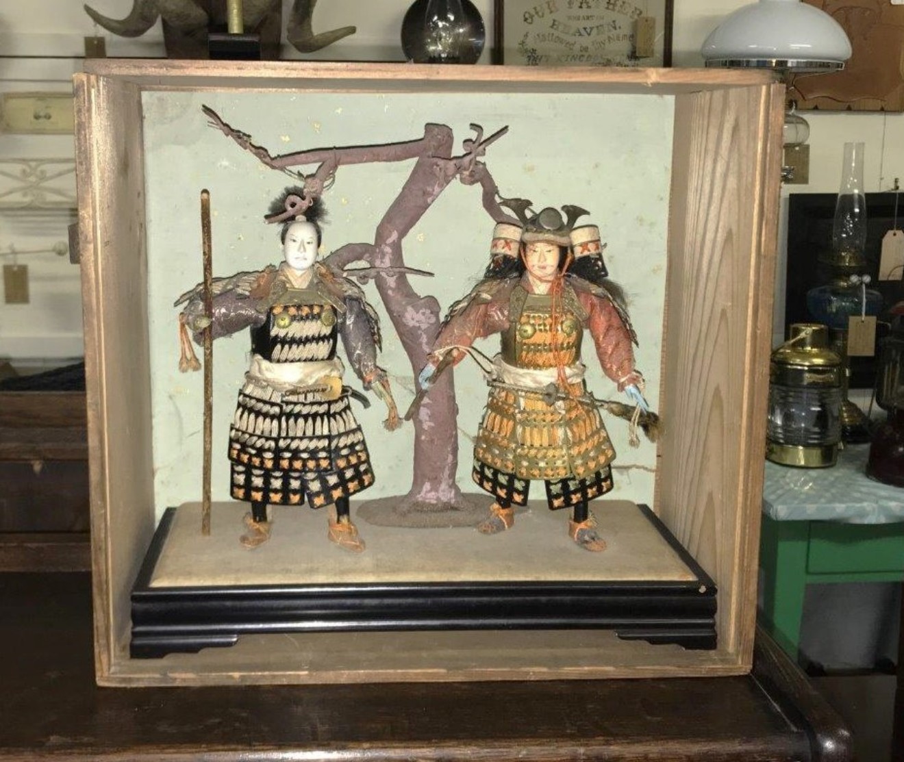 Antique Japanese Musha Ningyo Samurai Warriors in Original Signed Wooden Box