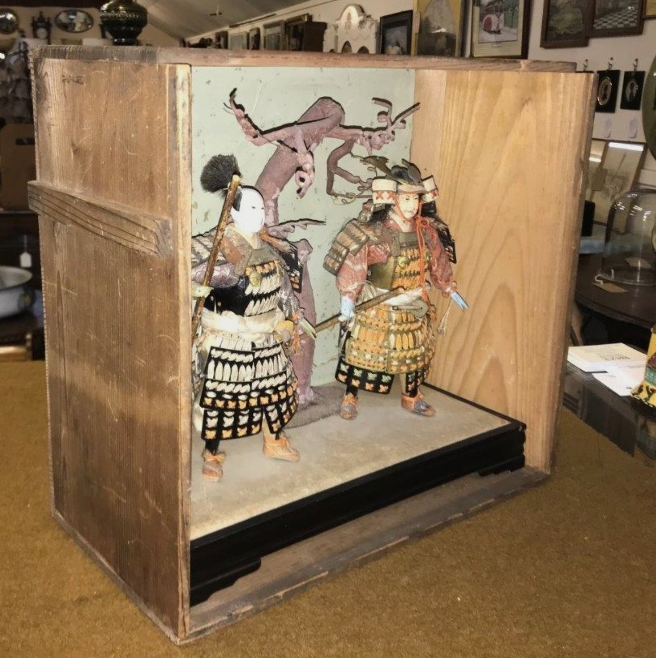 Antique Japanese Musha Ningyo Samurai Warriors in Original Signed Wooden Box