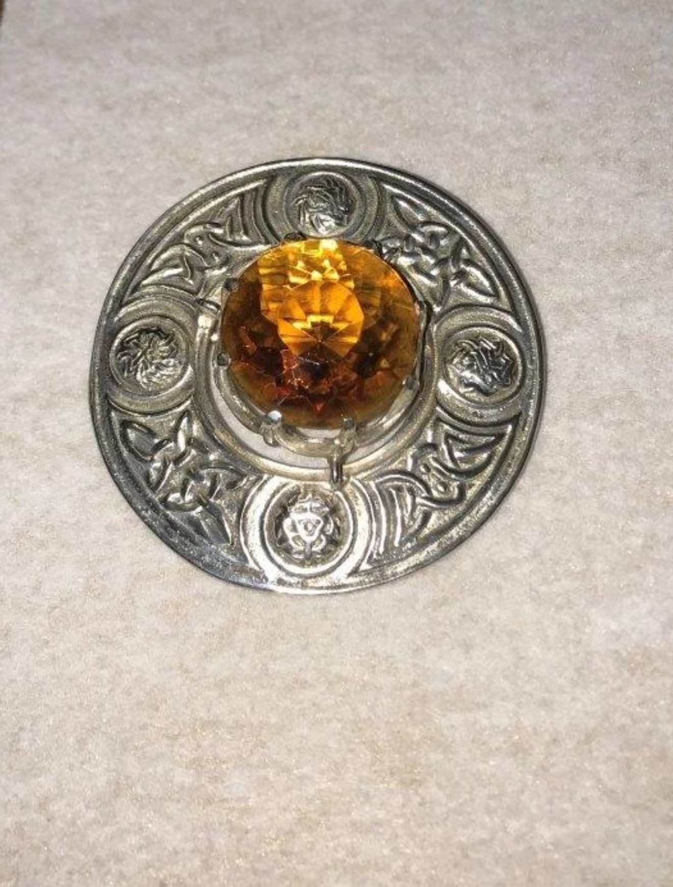 Vintage Silver Plated Scottish Plaid / Shawl Brooch with Amber Glass Stone