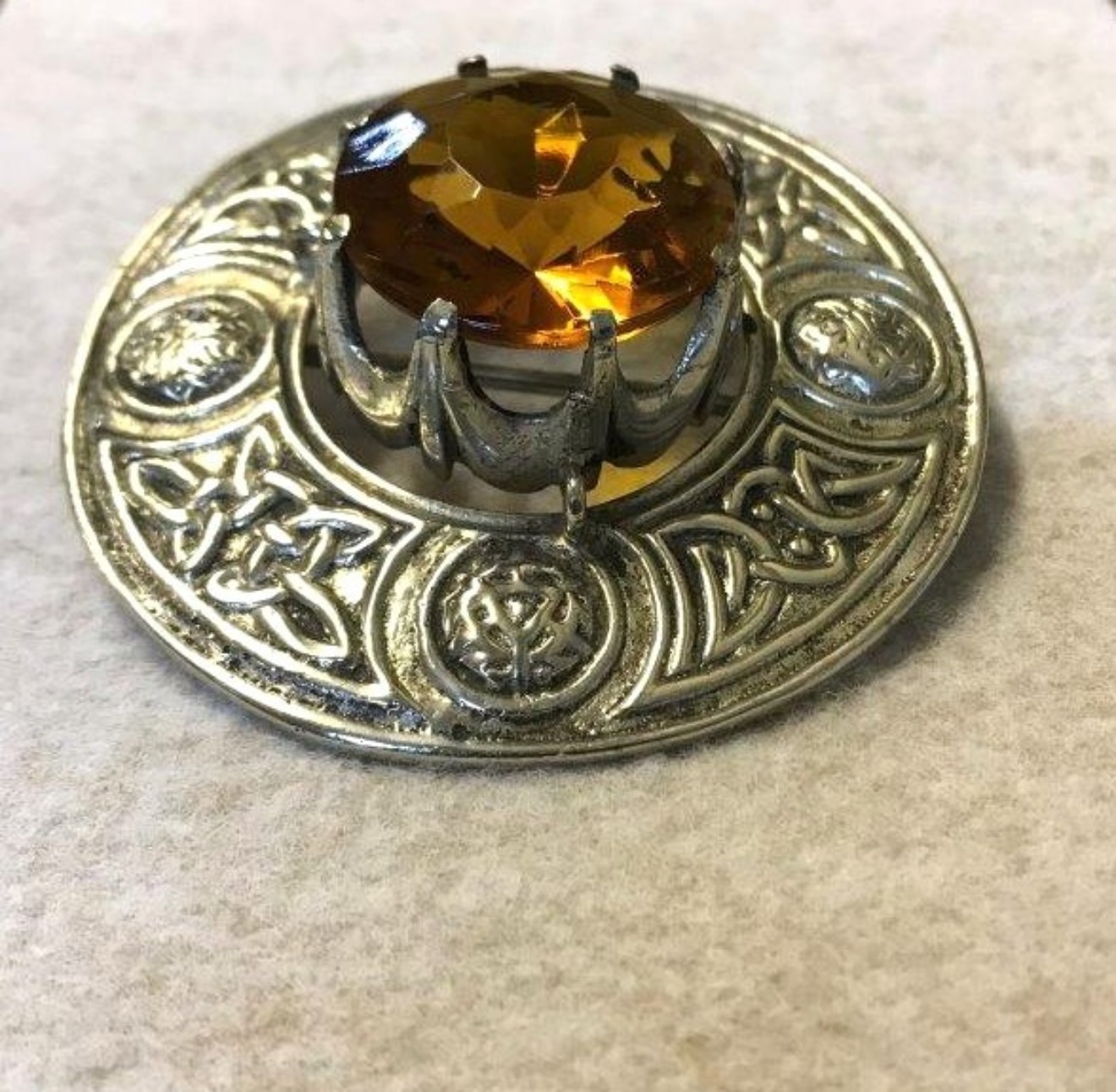 Vintage Silver Plated Scottish Plaid / Shawl Brooch with Amber Glass Stone