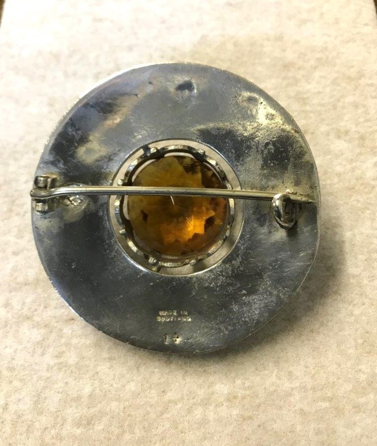 Vintage Silver Plated Scottish Plaid / Shawl Brooch with Amber Glass Stone