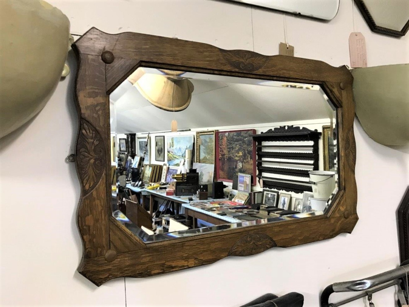 Arts & Crafts Oak Carved Bevelled Glass Mirror