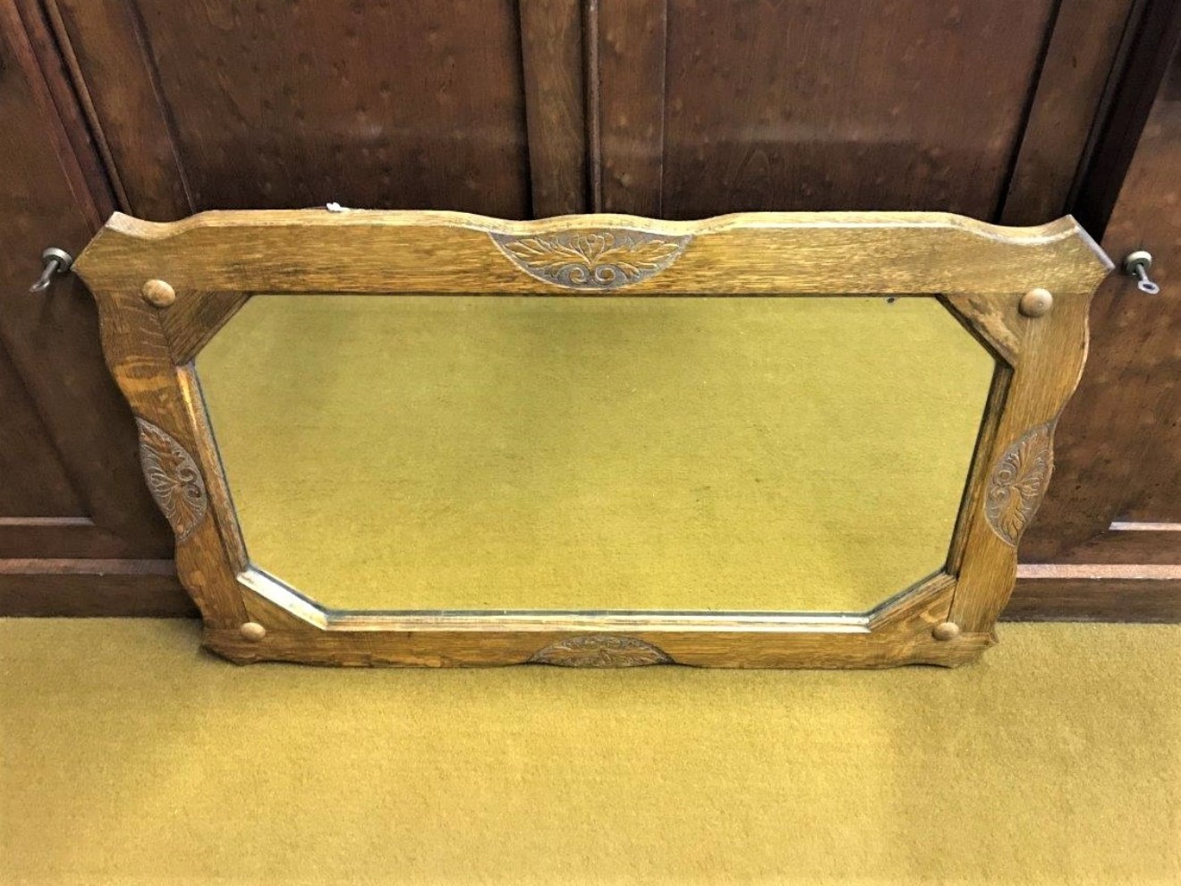 Arts & Crafts Oak Carved Bevelled Glass Mirror