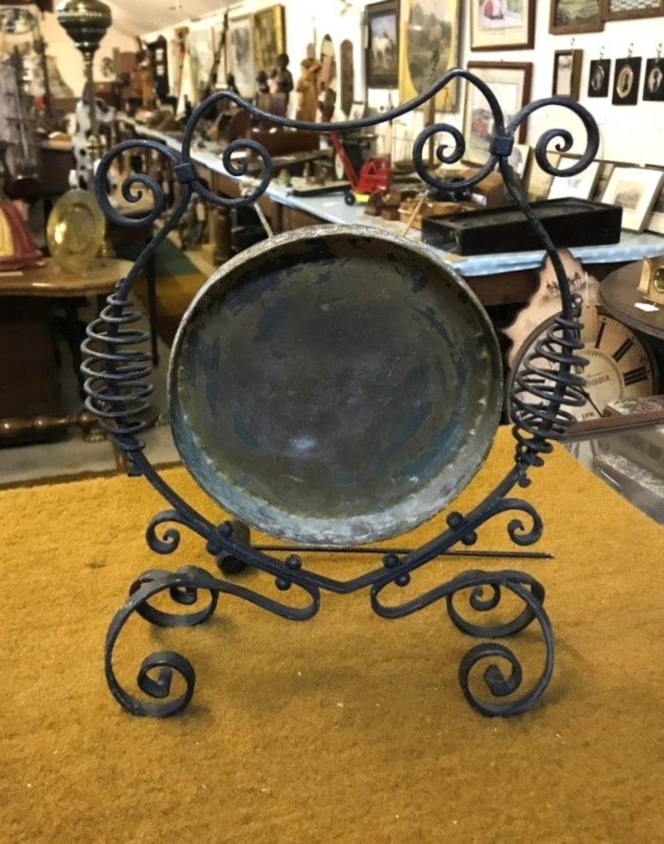 Arts & Crafts Wrought Iron and Brass Dinner Gong with the 'Burmese' Mark for William Suckling Birmingham