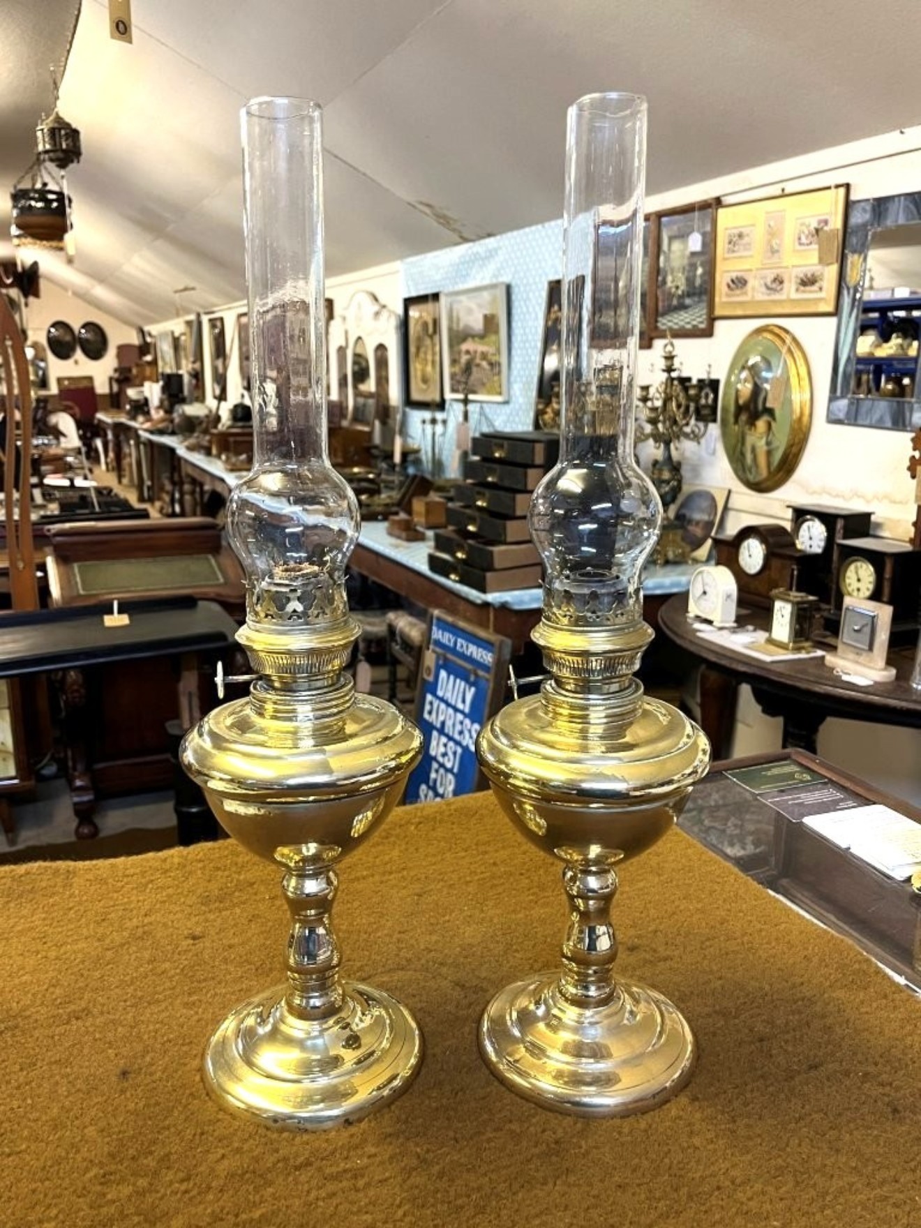 Antique Pair of Brass Oil Lamps with Silver Star Burners