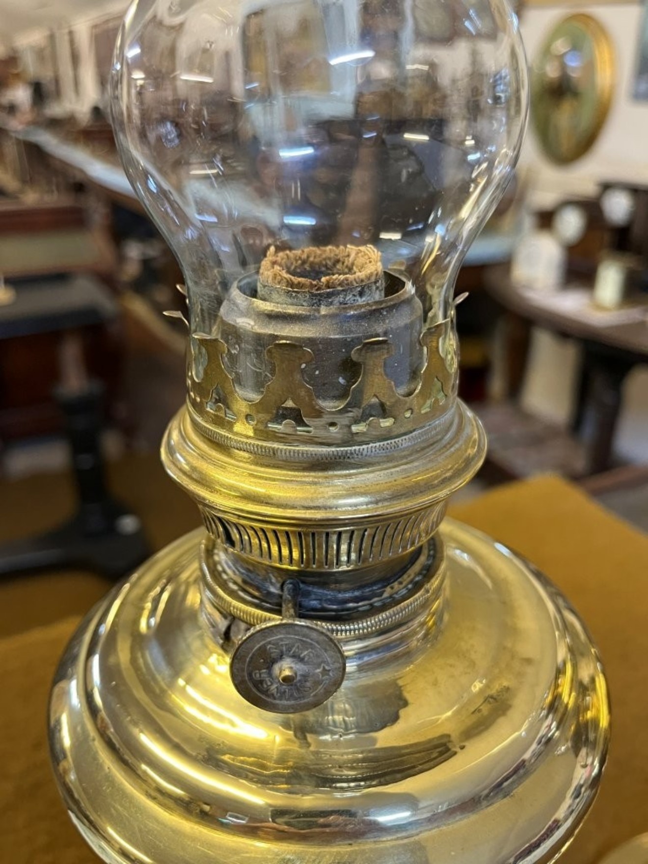 Antique Pair of Brass Oil Lamps with Silver Star Burners