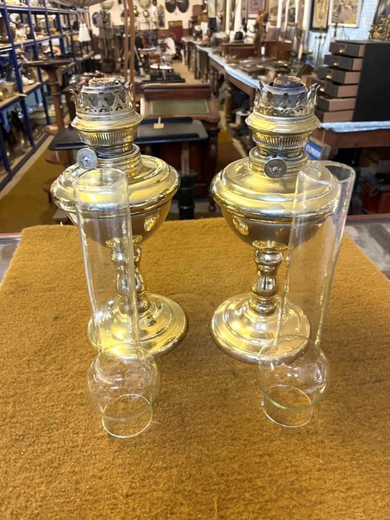 Antique Pair of Brass Oil Lamps with Silver Star Burners