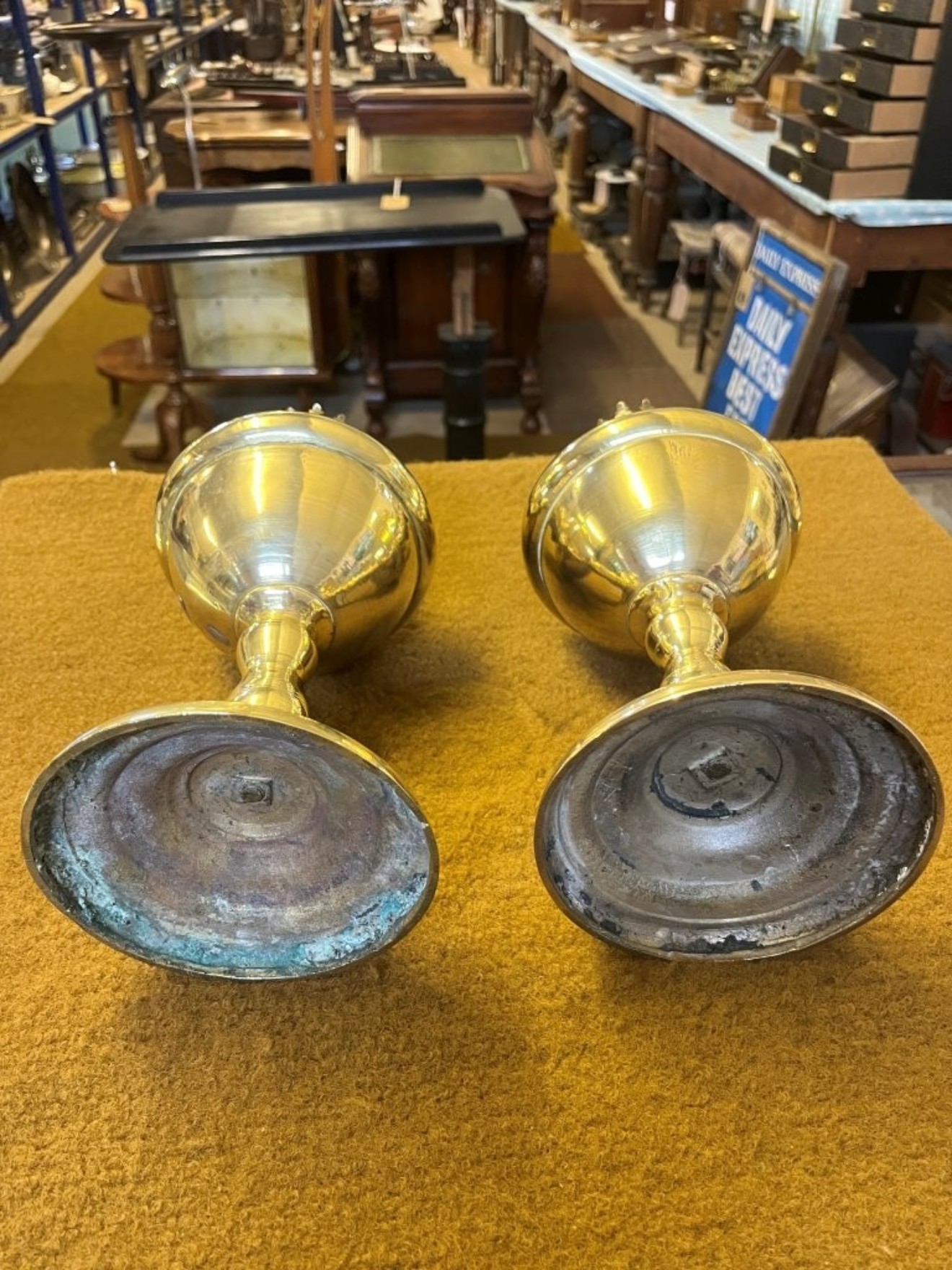Antique Pair of Brass Oil Lamps with Silver Star Burners