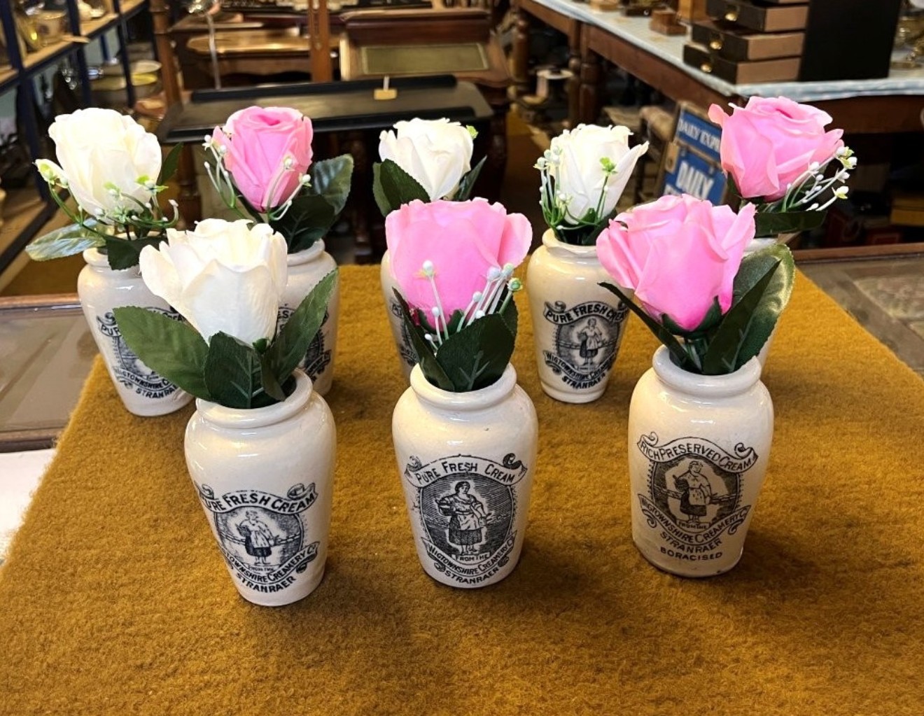 Antique Rich Preserved Cream Jars from Wigtownshire Creamery Stranraer with Silk Rose Artificial Flowers