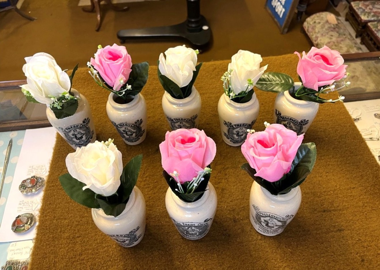 Antique Rich Preserved Cream Jars from Wigtownshire Creamery Stranraer with Silk Rose Artificial Flowers