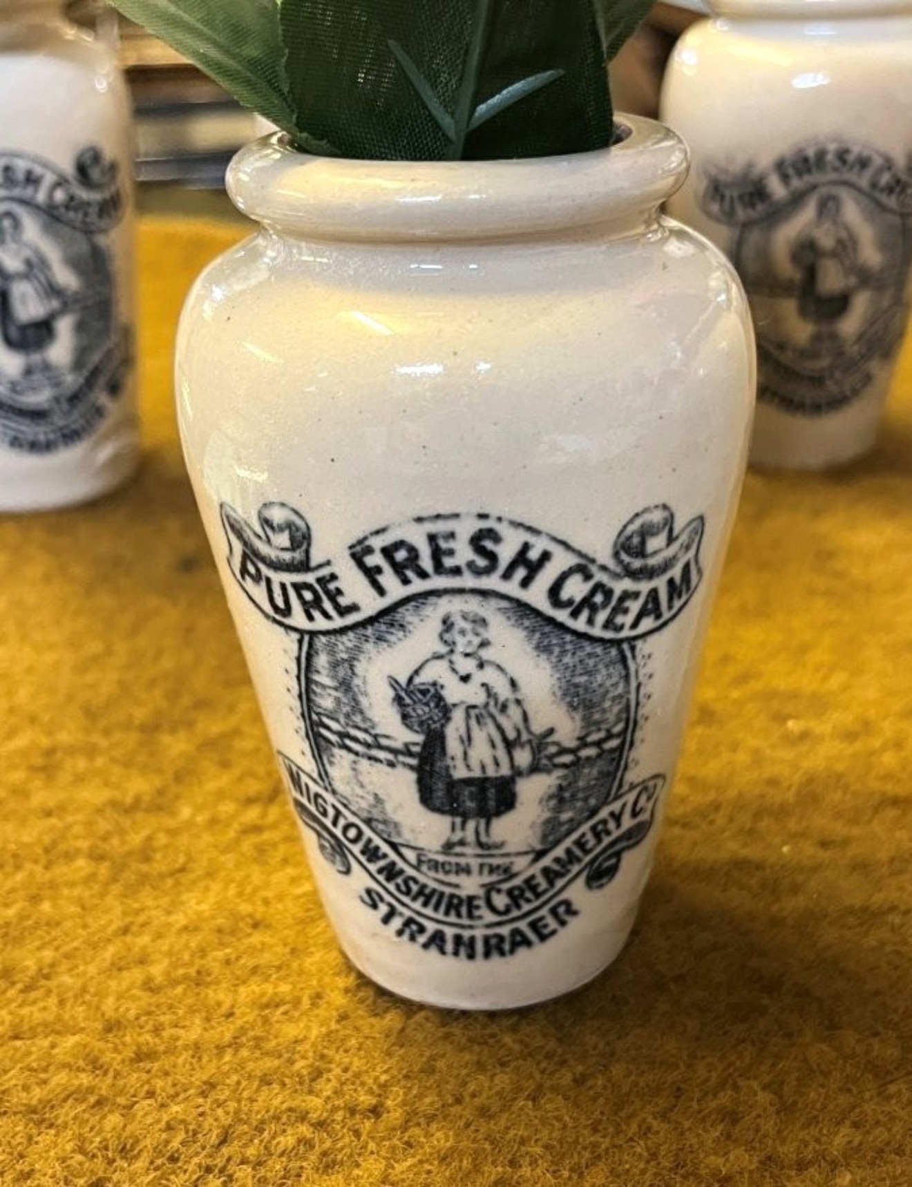 Antique Rich Preserved Cream Jars from Wigtownshire Creamery Stranraer with Silk Rose Artificial Flowers