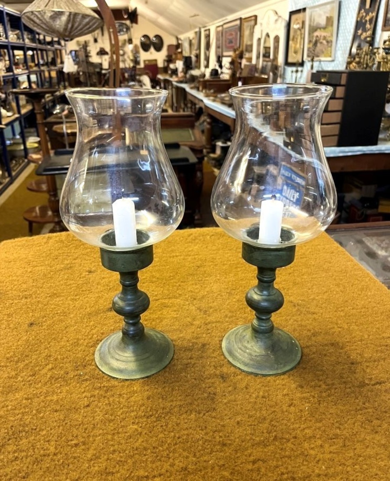 Vintage Pair of Patinated Brass Candle Holders with Glass Shades