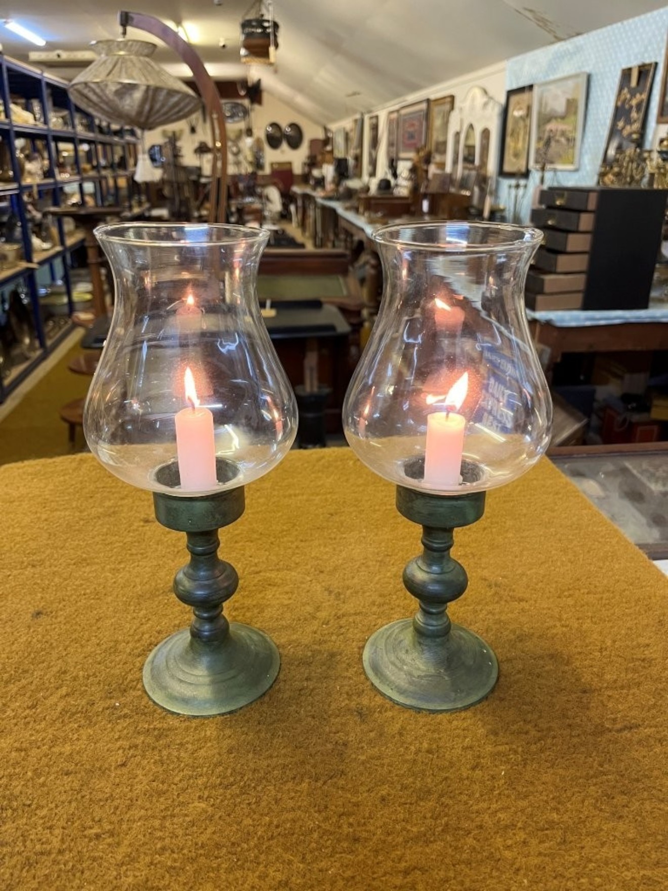 Vintage Pair of Patinated Brass Candle Holders with Glass Shades