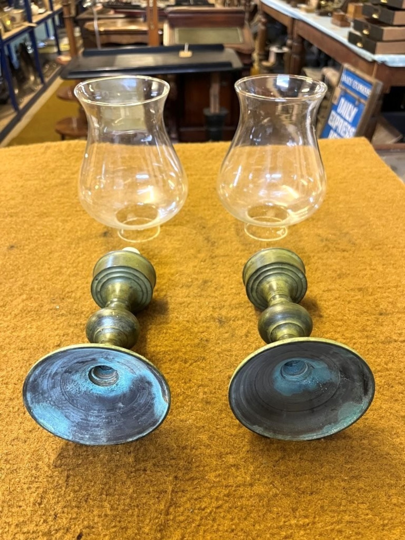 Vintage Pair of Patinated Brass Candle Holders with Glass Shades