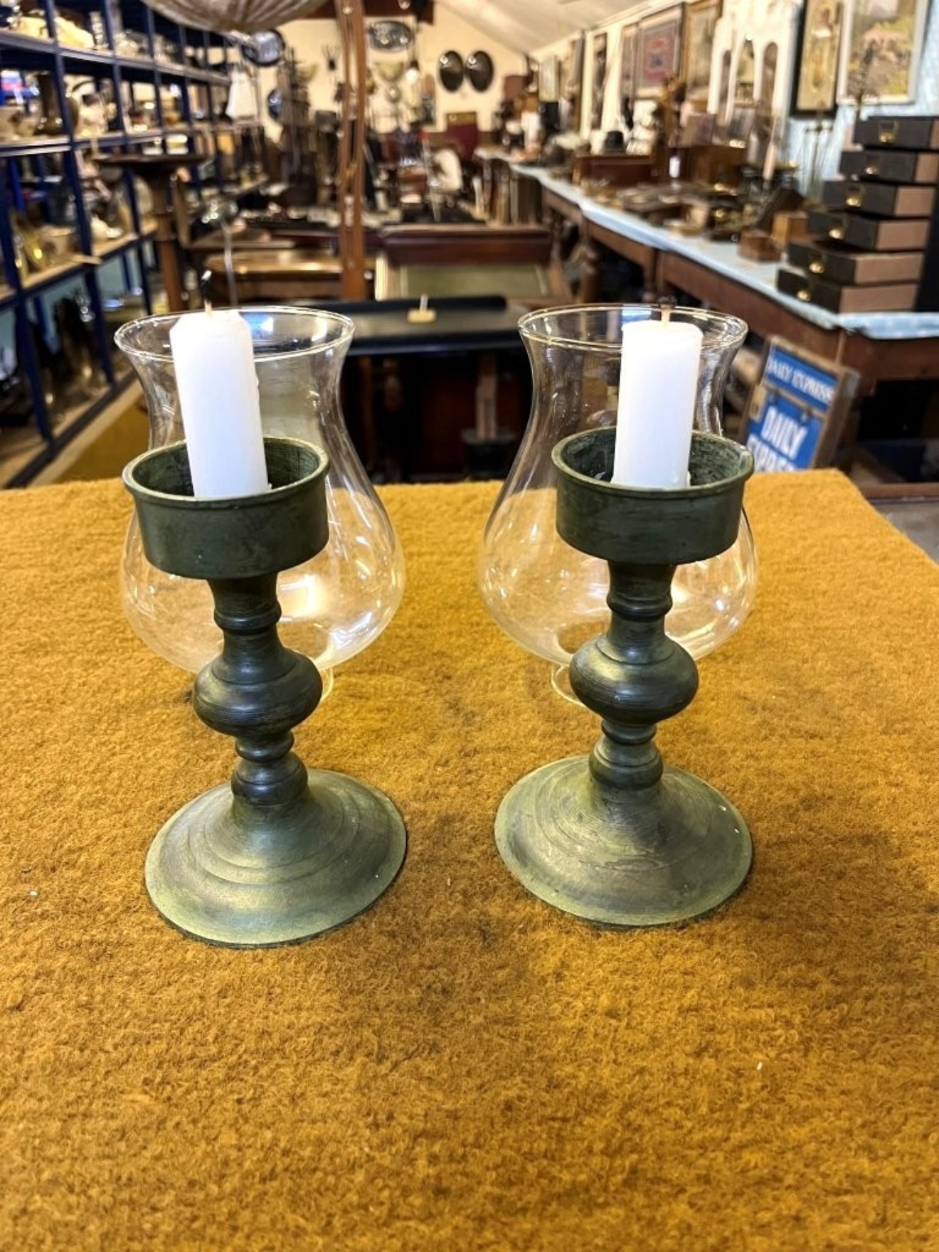 Vintage Pair of Patinated Brass Candle Holders with Glass Shades