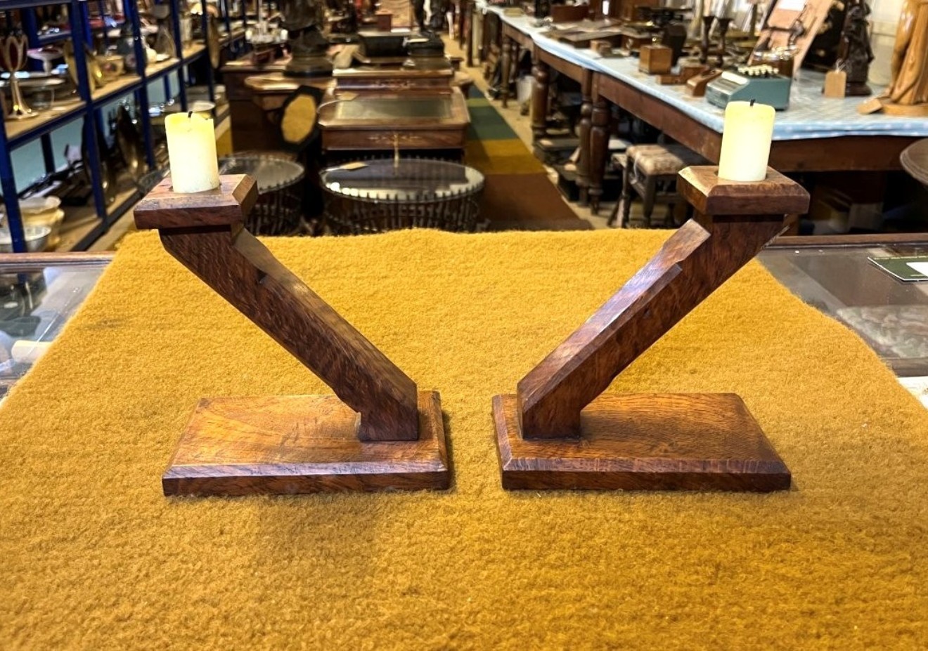 Antique Pair of Oak Art Deco Candle Sticks