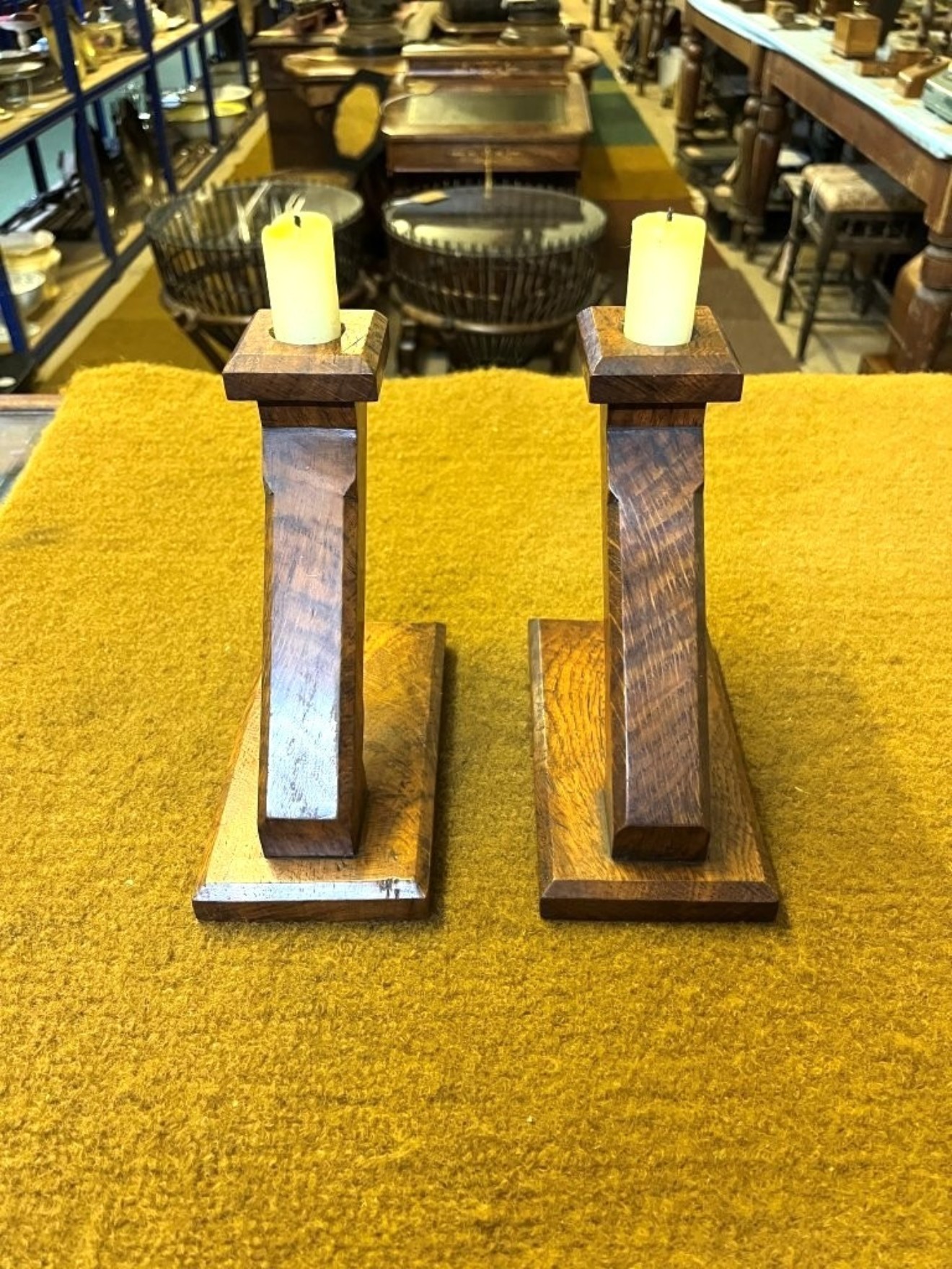 Antique Pair of Oak Art Deco Candle Sticks