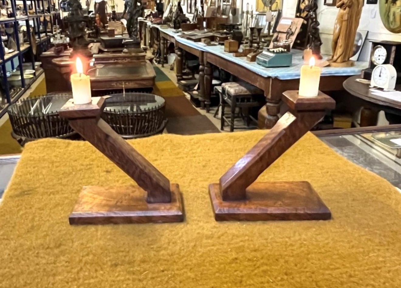 Antique Pair of Oak Art Deco Candle Sticks