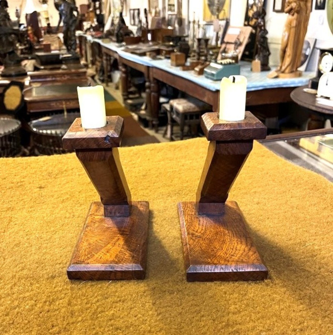 Antique Pair of Oak Art Deco Candle Sticks