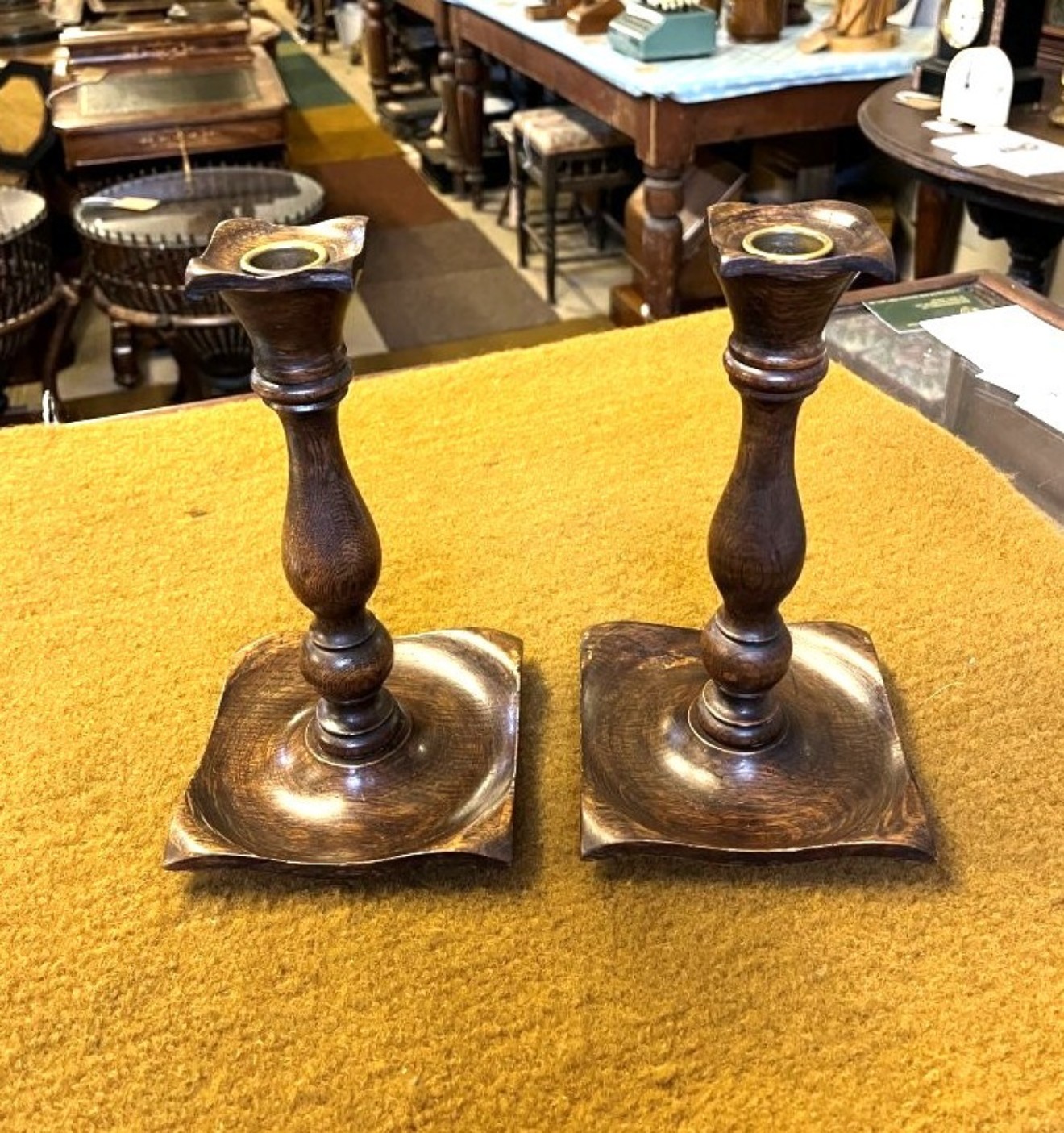 Antique Pair of Oak Arts & Crafts Candle Sticks
