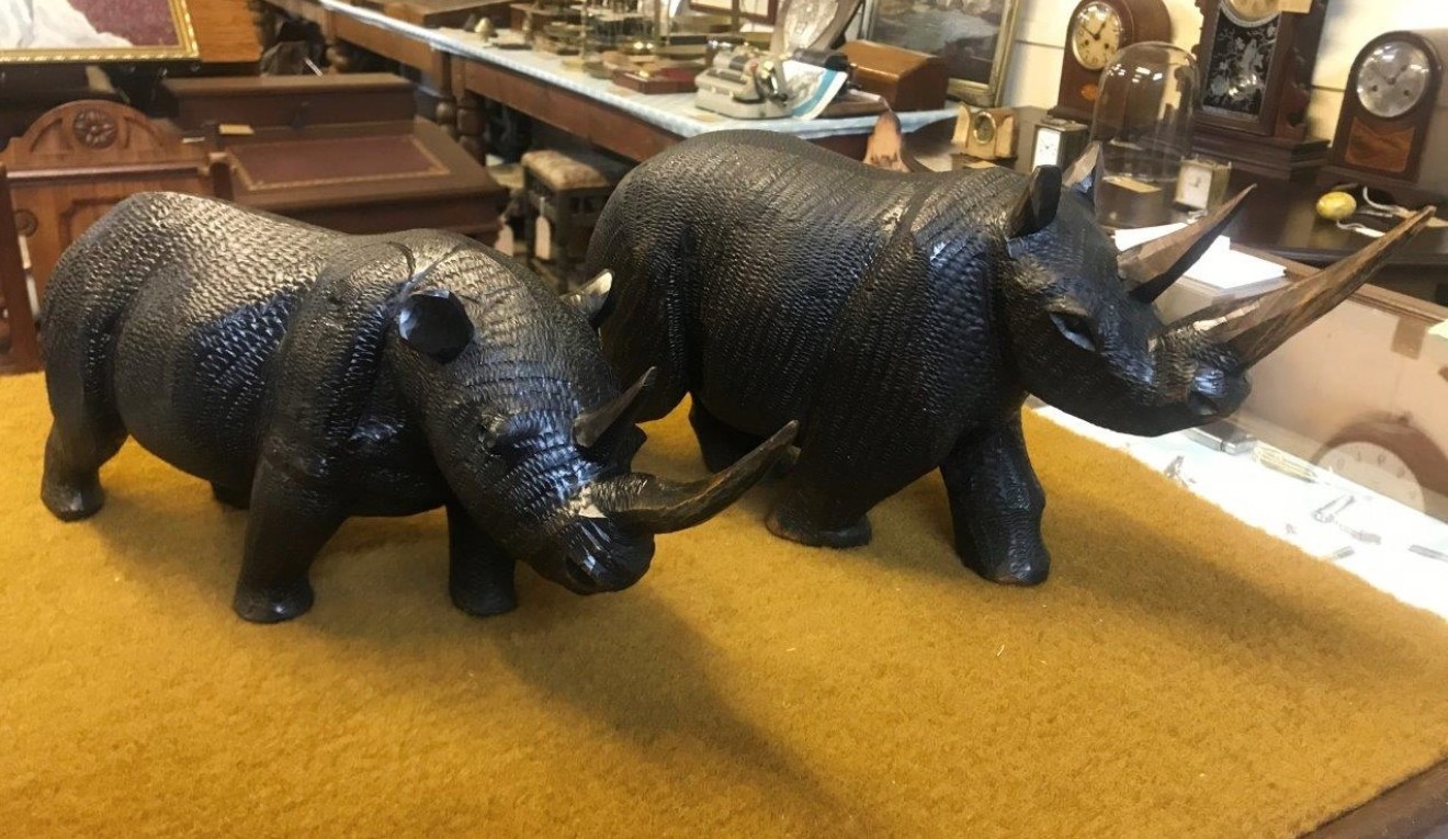 Vintage Pair of Carved Iron Wood Rhinoceros