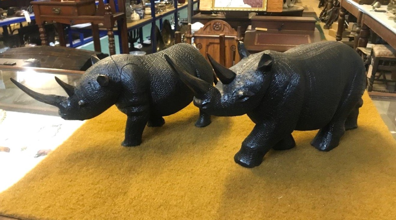 Vintage Pair of Carved Iron Wood Rhinoceros