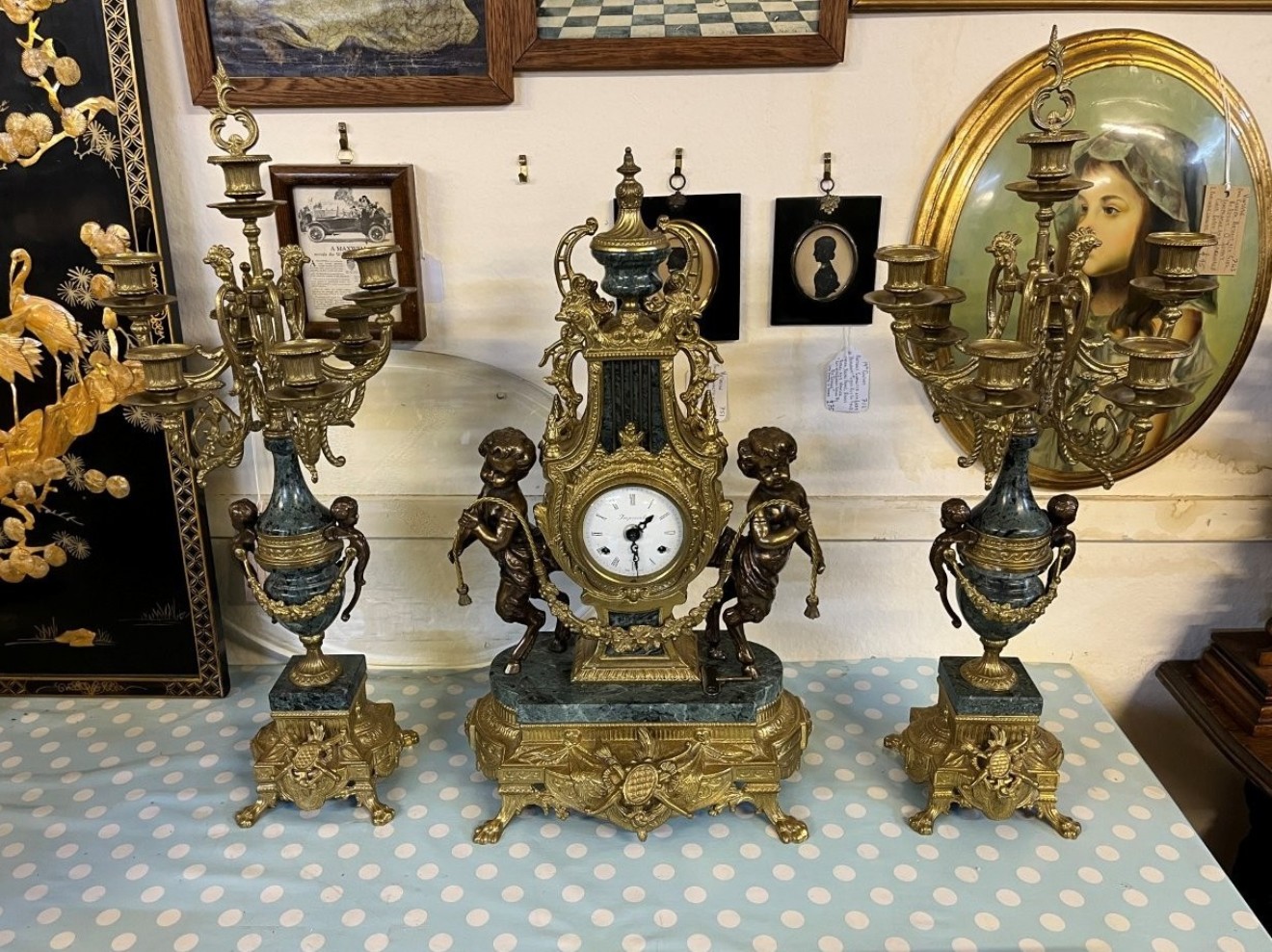 Vintage Italian 'Imperial' Gilt Brass and Green Marble Clock Garniture