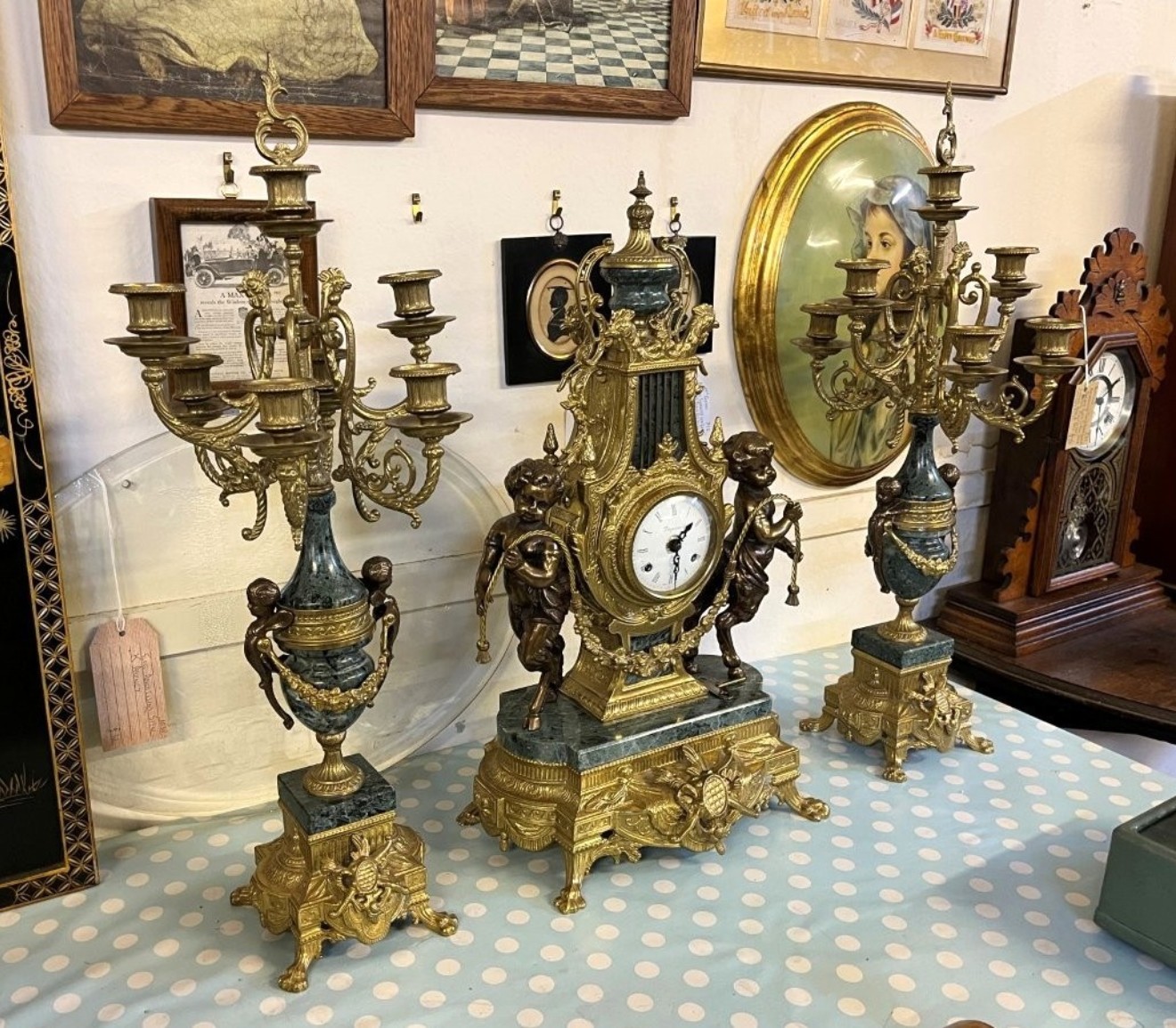 Vintage Italian 'Imperial' Gilt Brass and Green Marble Clock Garniture