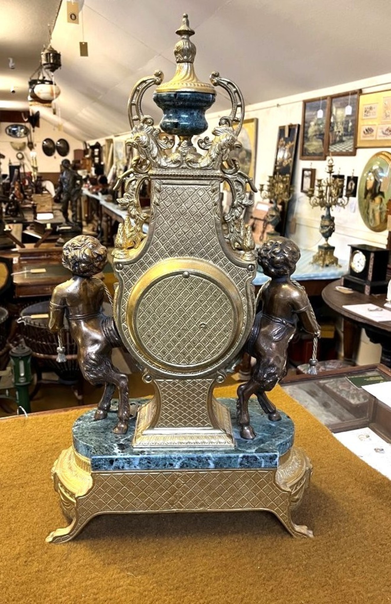 Vintage Italian 'Imperial' Gilt Brass and Green Marble Clock Garniture