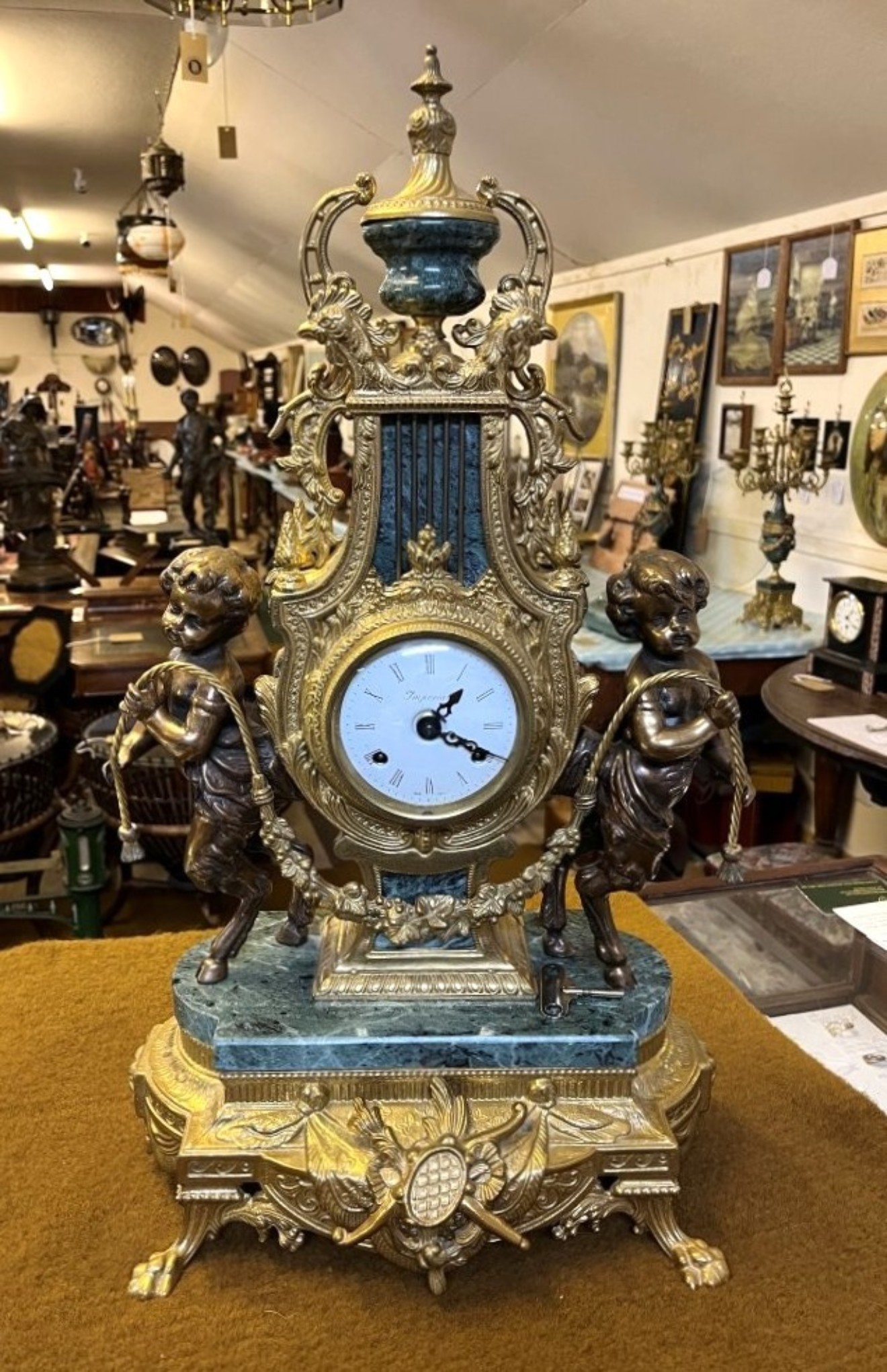Vintage Italian 'Imperial' Gilt Brass and Green Marble Clock Garniture