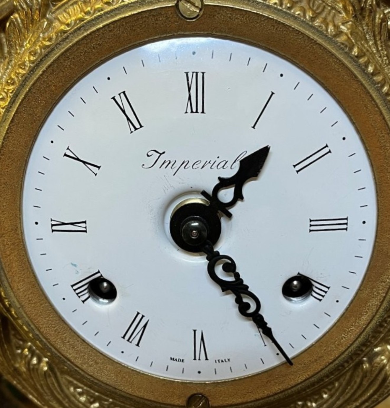 Vintage Italian 'Imperial' Gilt Brass and Green Marble Clock Garniture