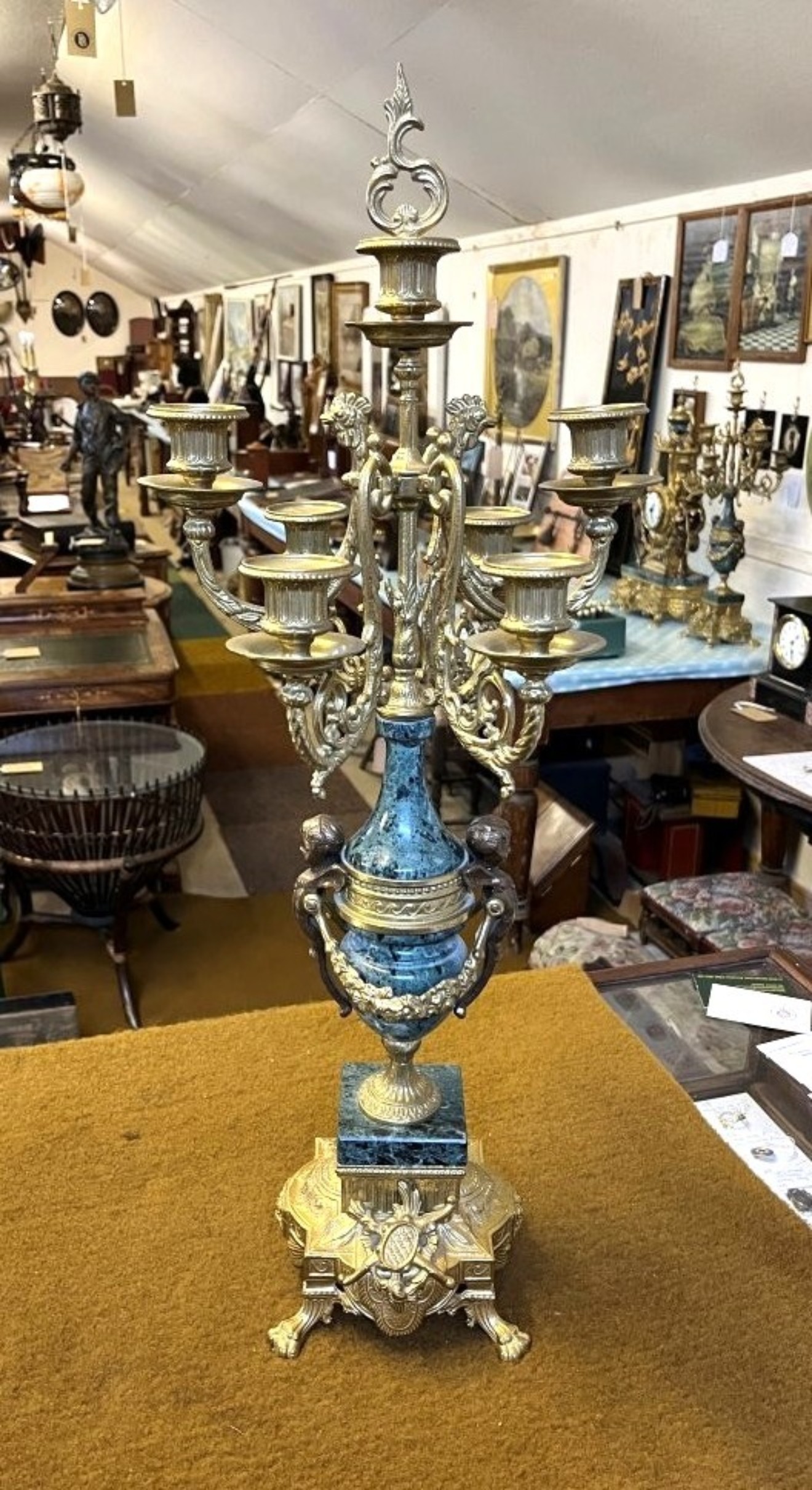 Vintage Italian 'Imperial' Gilt Brass and Green Marble Clock Garniture