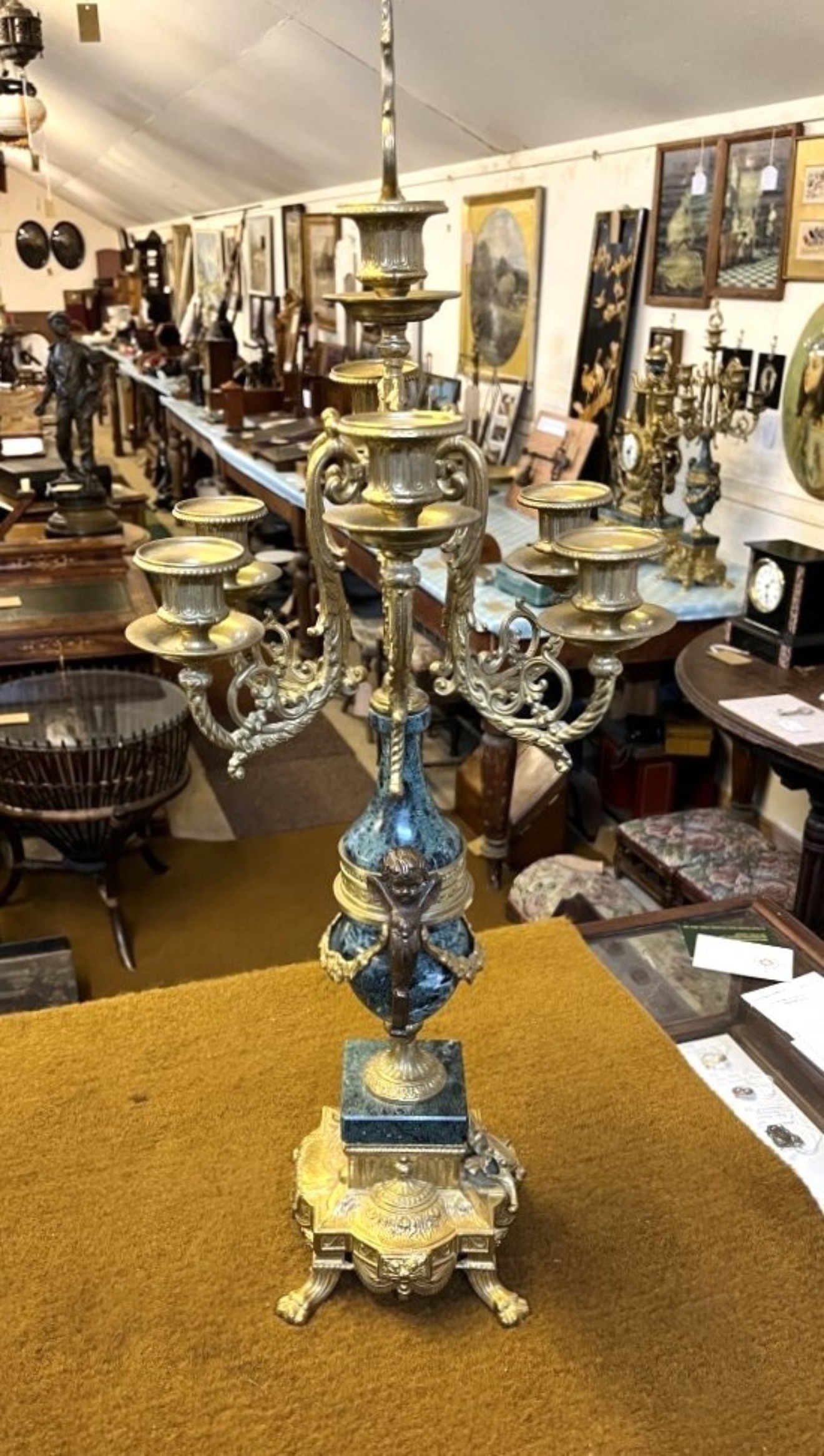Vintage Italian 'Imperial' Gilt Brass and Green Marble Clock Garniture