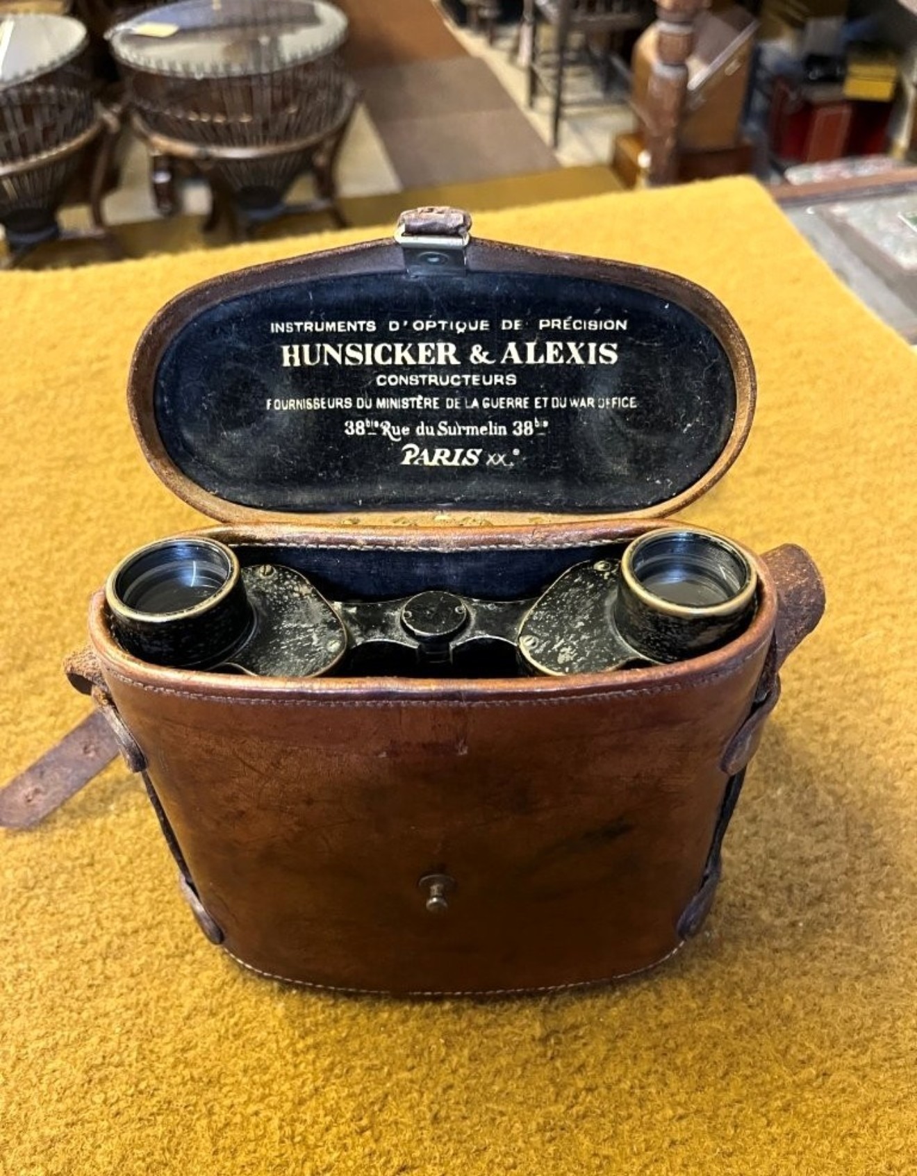 WW1 Pair of Hunsicker & Alexis, Paris Military Binoculars in Leather Case