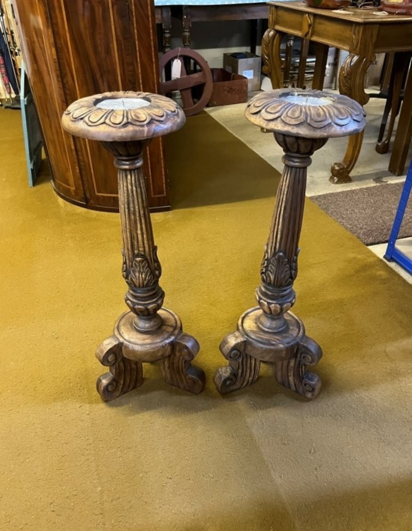 Antique Pair of Large Carved Wood Church Alter Pricket Candle Holders