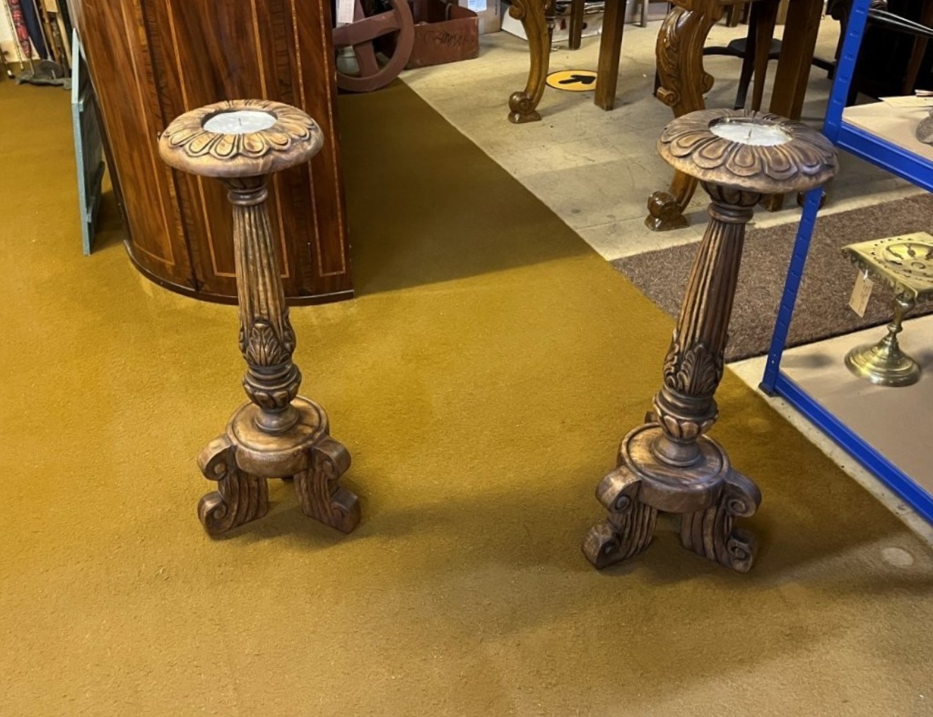 Antique Pair of Large Carved Wood Church Alter Pricket Candle Holders