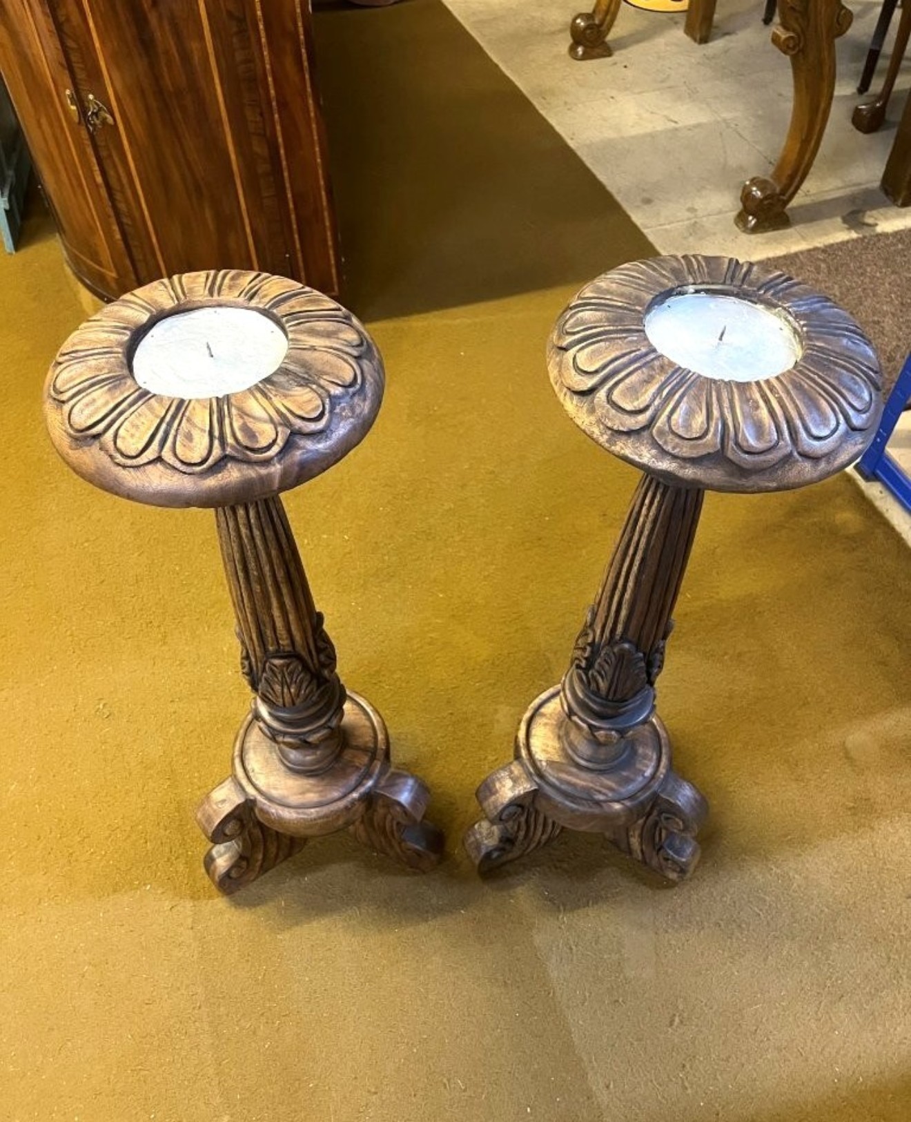 Antique Pair of Large Carved Wood Church Alter Pricket Candle Holders
