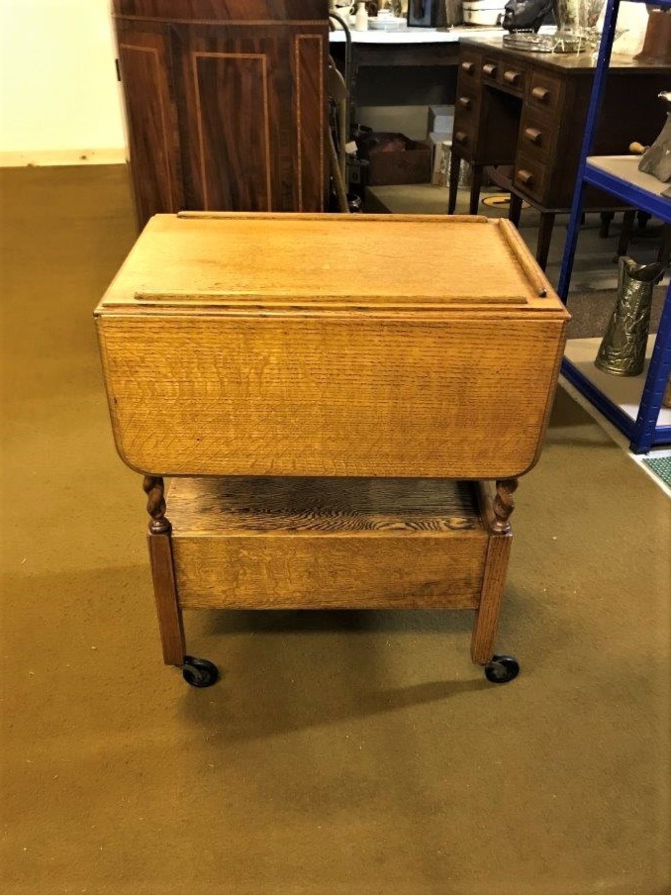 Vintage Oak Drop Leaf Hostess Trolley / Table with Cutlery Drawer