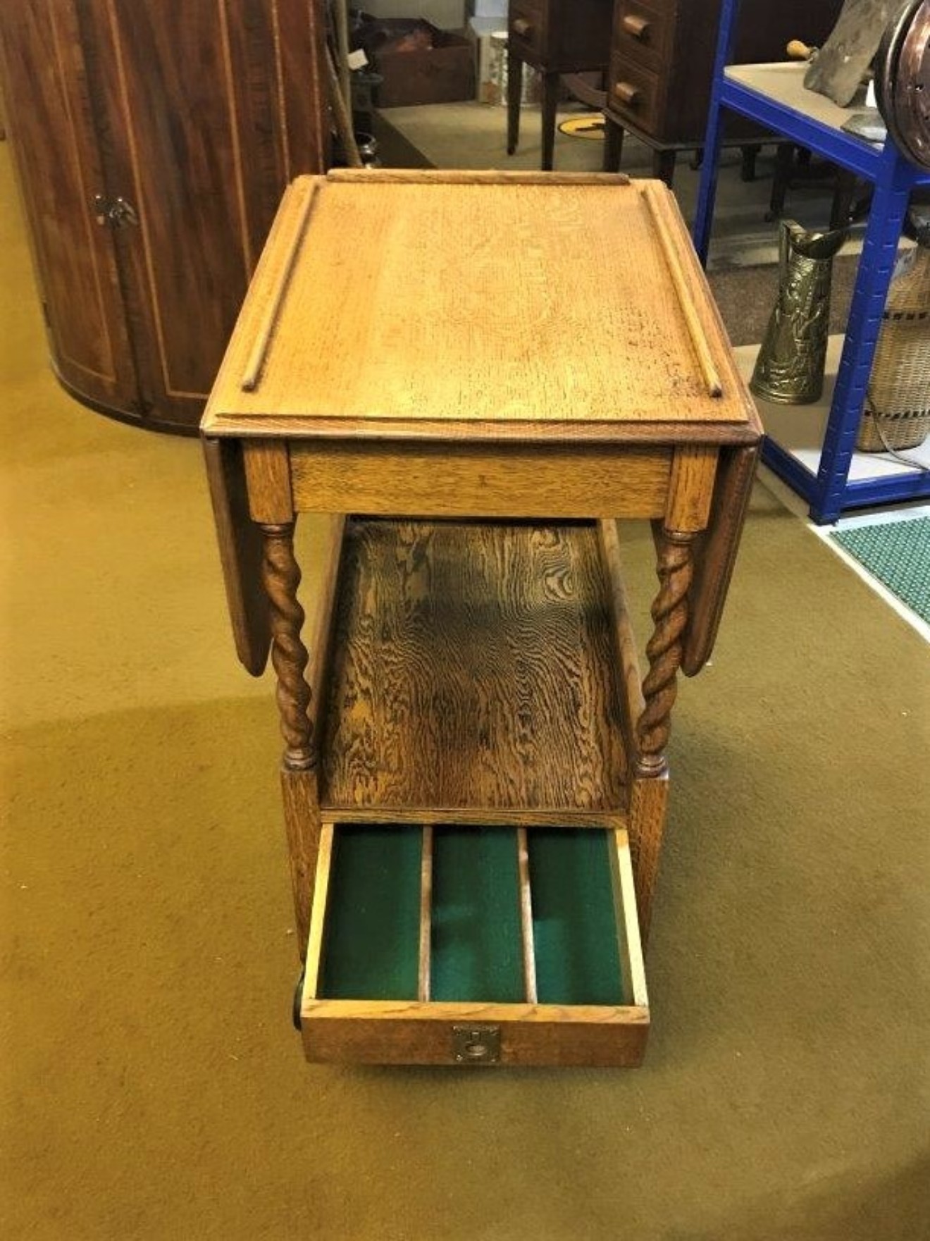 Vintage Oak Drop Leaf Hostess Trolley / Table with Cutlery Drawer