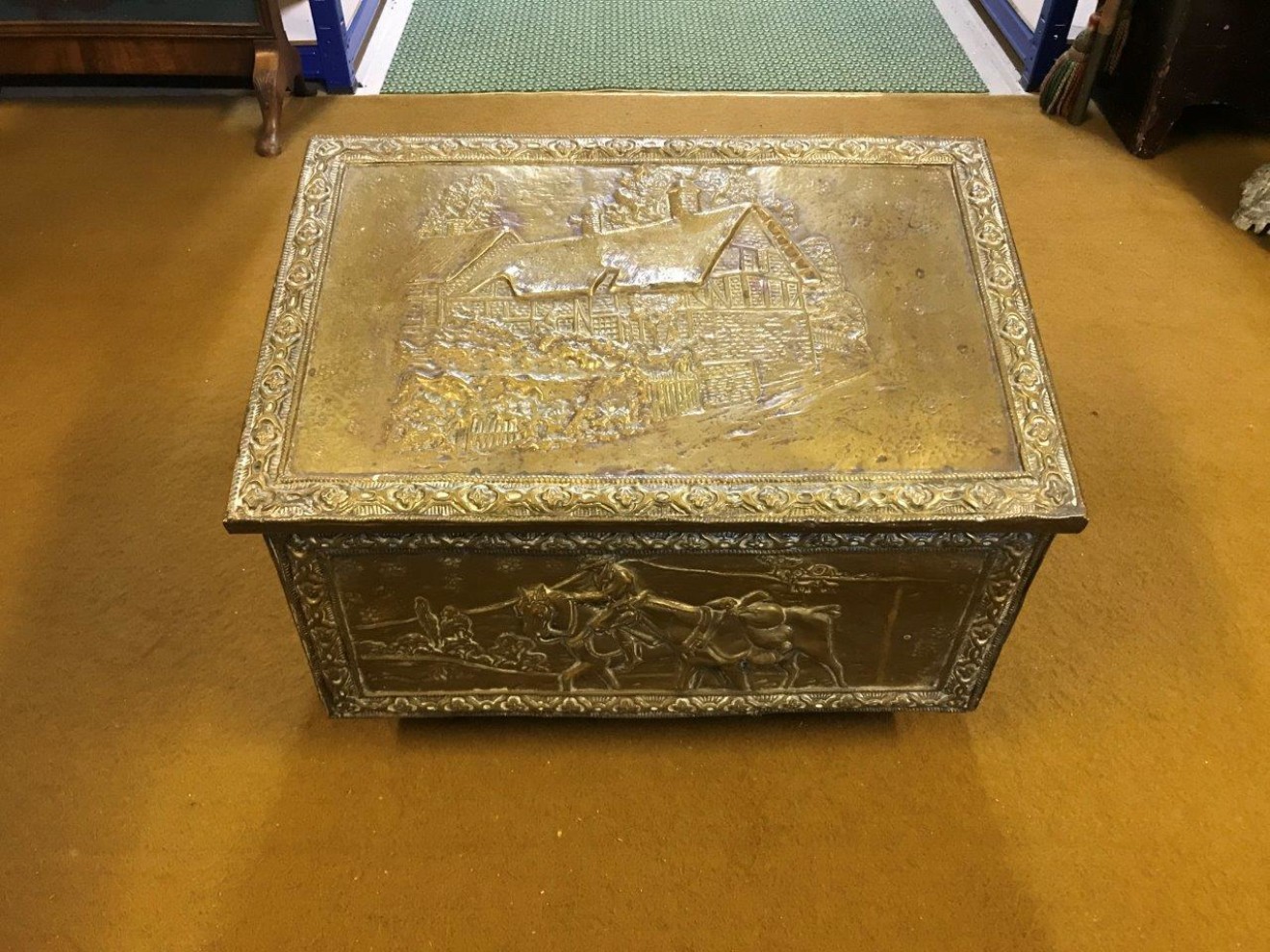 Antique Brass Repousse Coal Box