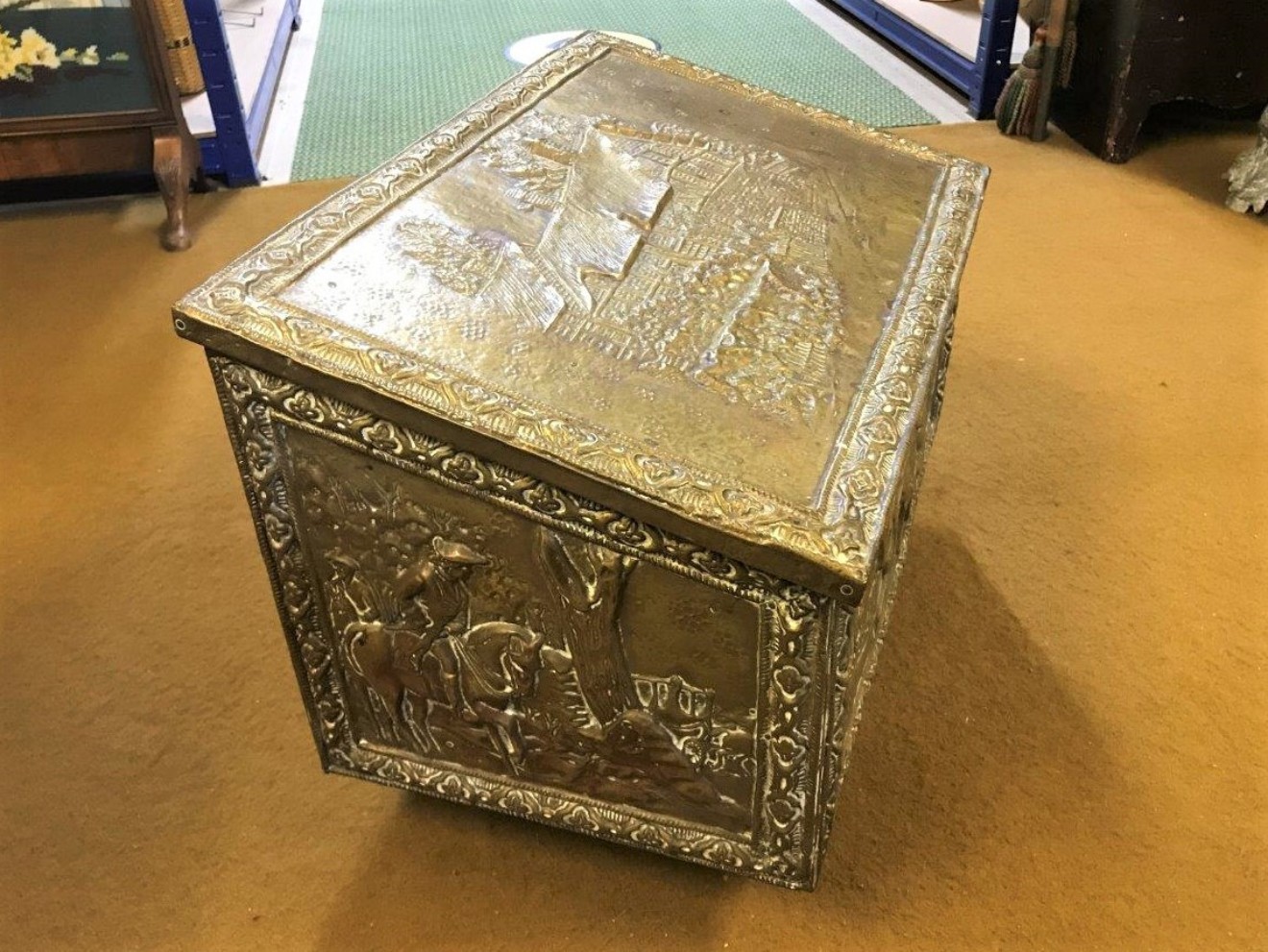 Antique Brass Repousse Coal Box