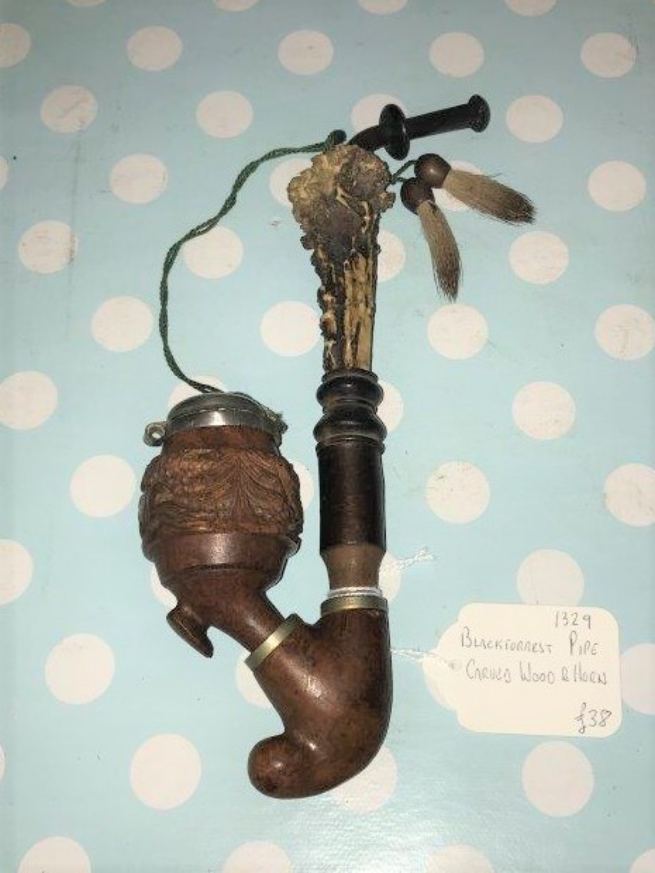 Black Forest Carved Wood and Horn Pipe