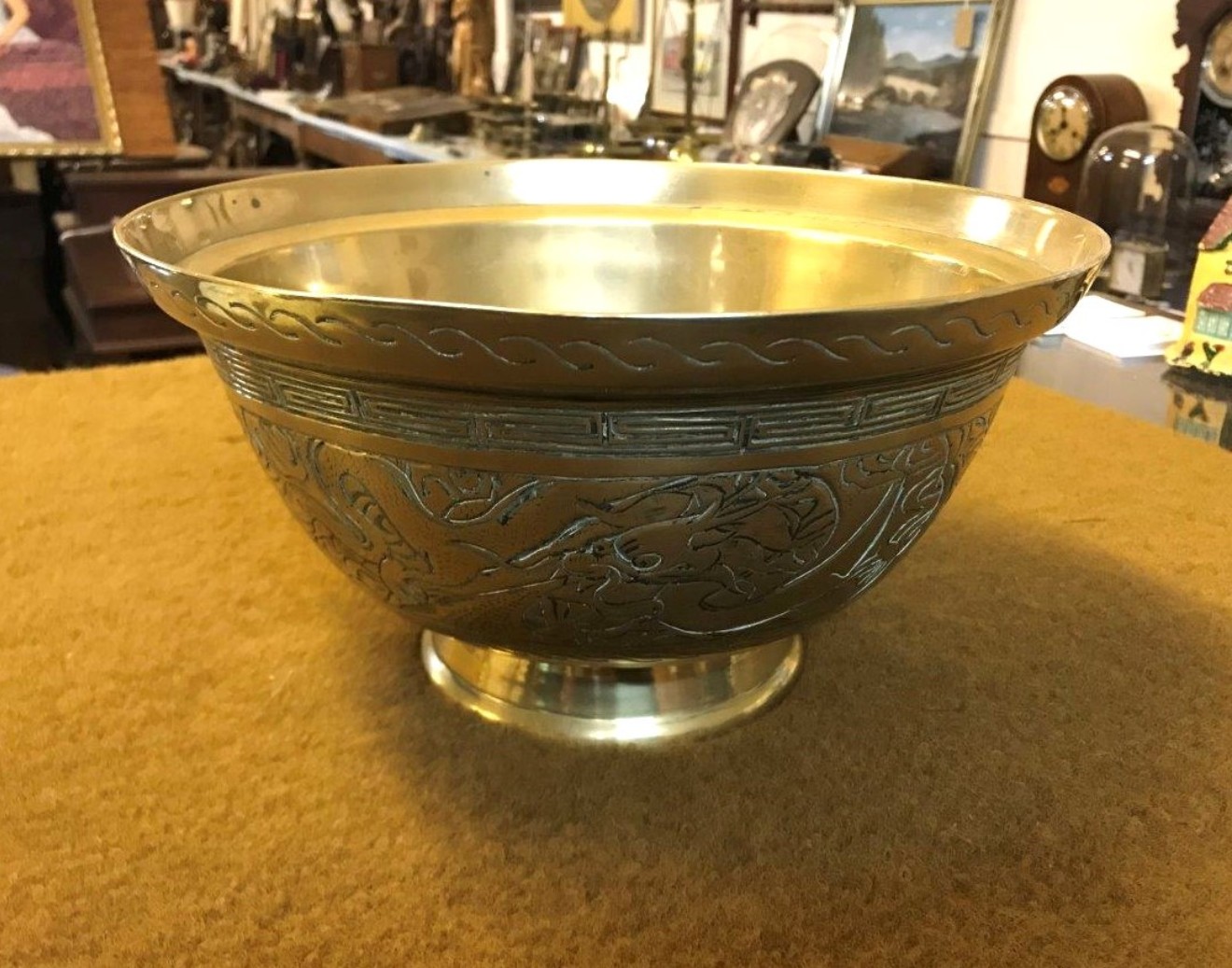 Vintage Brass Chinese Bowl Dragon and Phoenix Etched Design