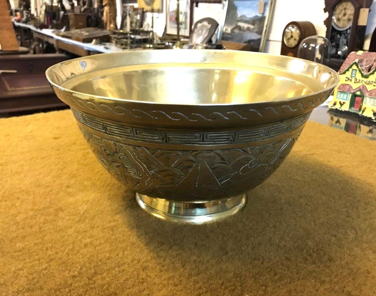 Vintage Brass Chinese Bowl Dragon and Phoenix Etched Design