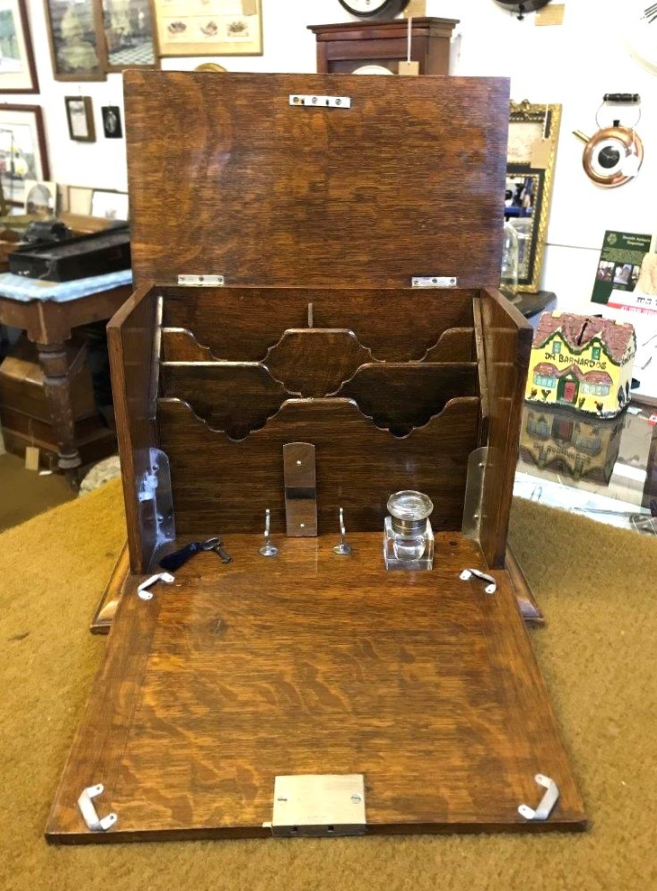 Edwardian Tiger Oak Fall Front Stationery Box / Writing Case