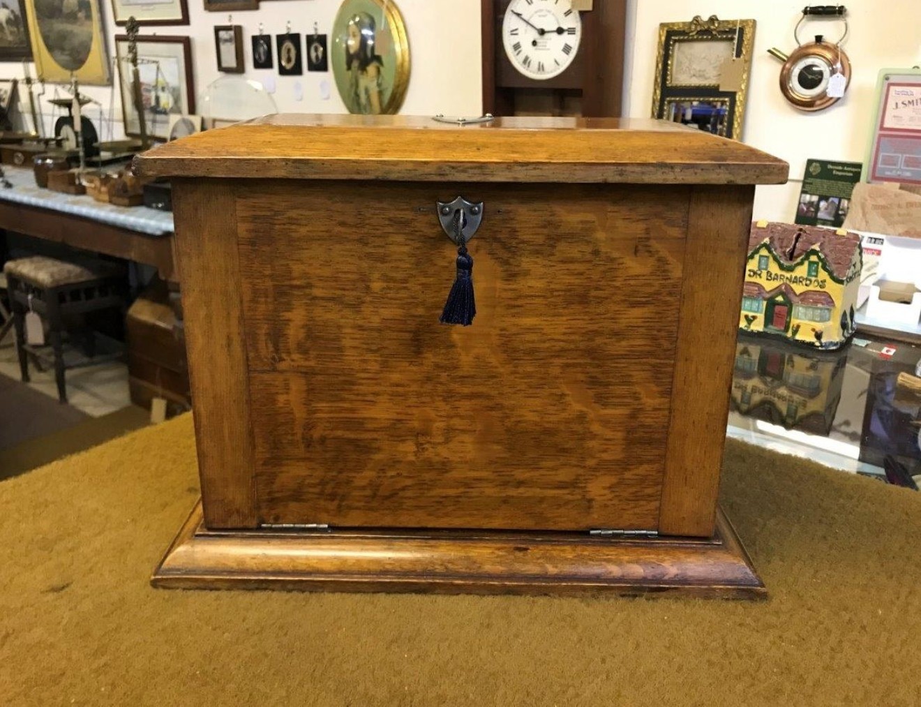 Edwardian Tiger Oak Fall Front Stationery Box / Writing Case