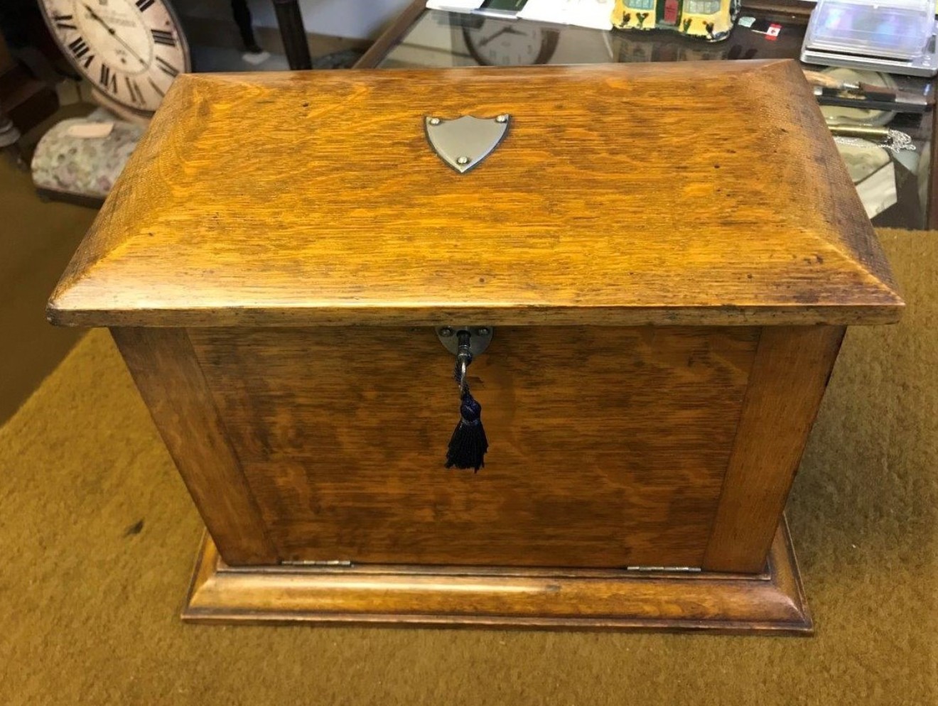 Edwardian Tiger Oak Fall Front Stationery Box / Writing Case